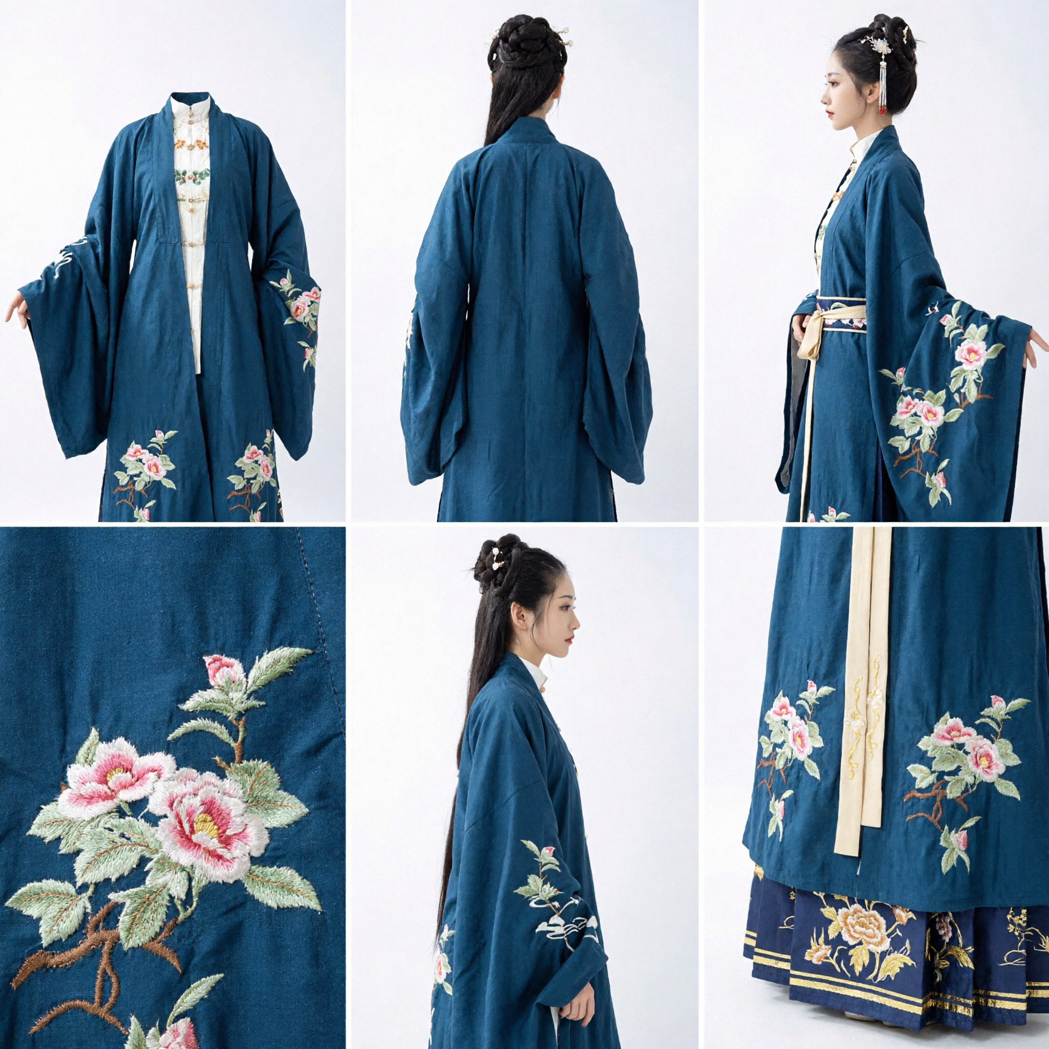 Conjunto Hanfu Elegante da Dinastia Ming, Robe Bordado em Verde-Azul Escuro e Saia Plissada, Traje Tradicional Chinês para Mulheres - Asian Costume