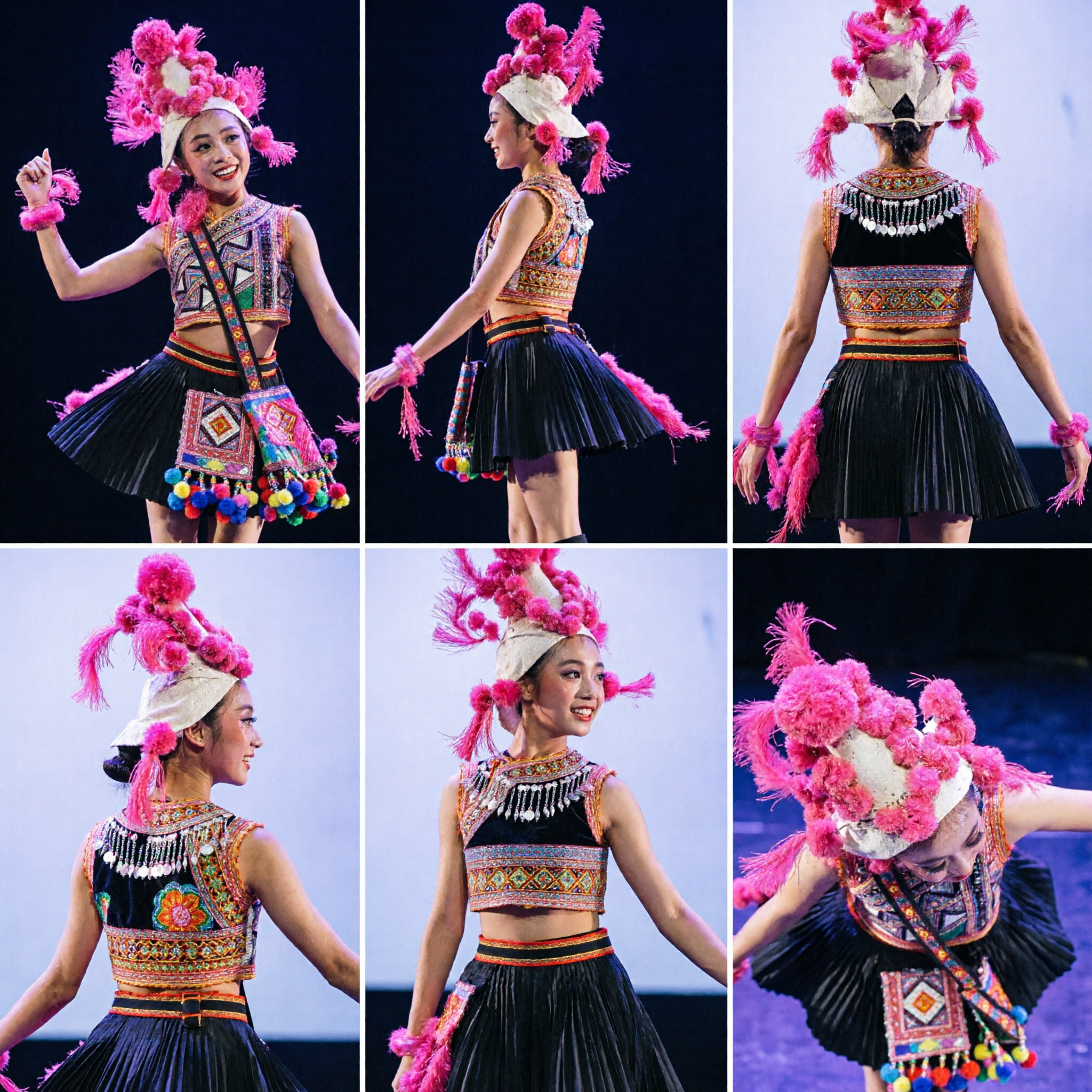 女児用中国民族舞踊衣装 伝統的少数民族舞台パフォーマンス衣装 ピンク花柄ヘッドピース付き - Asian Costume