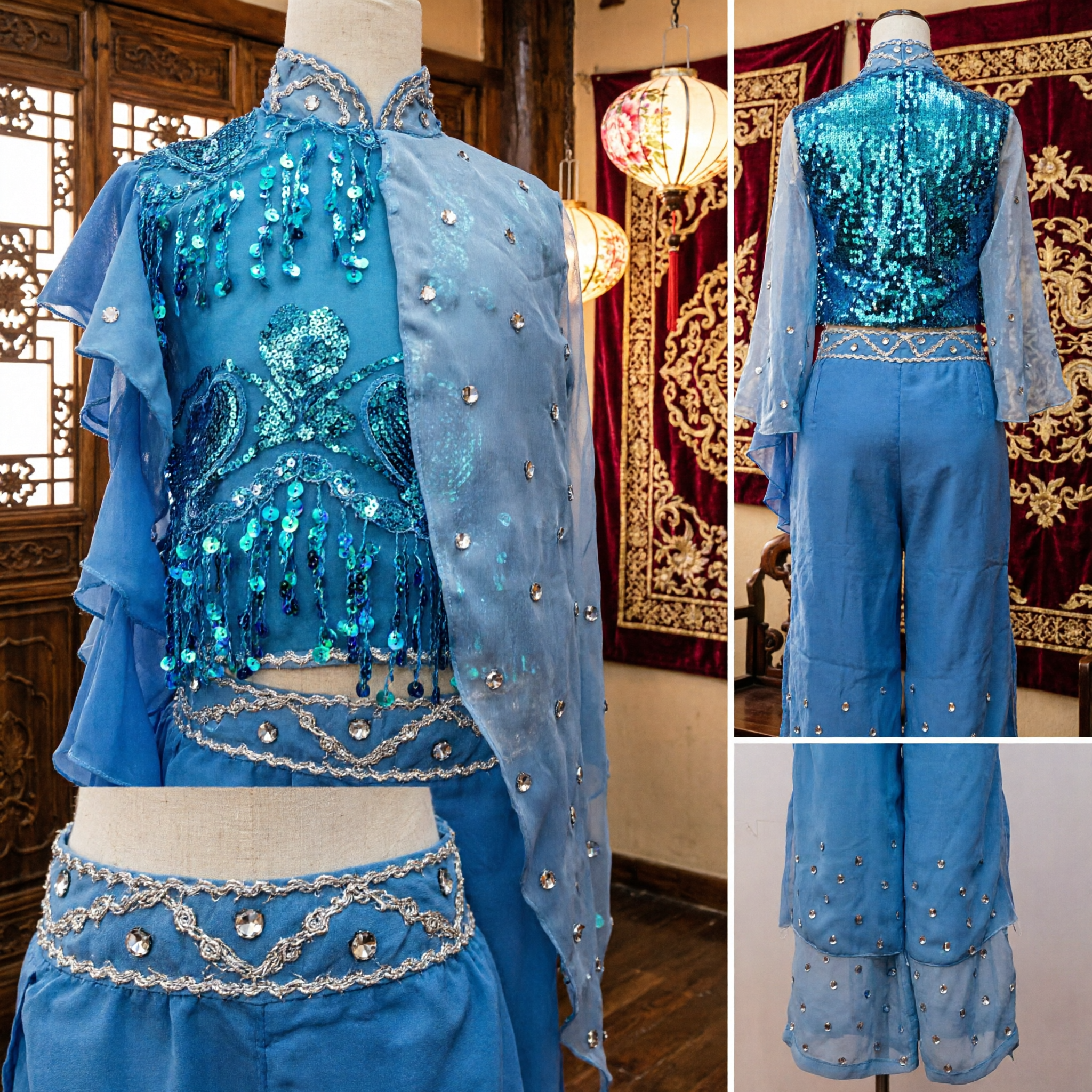 Traje de Dança Clássica Chinesa Azul para Mulheres, Conjunto de Dança com Leque para Performance no Palco com Lantejoulas e Babados - Asian Costume