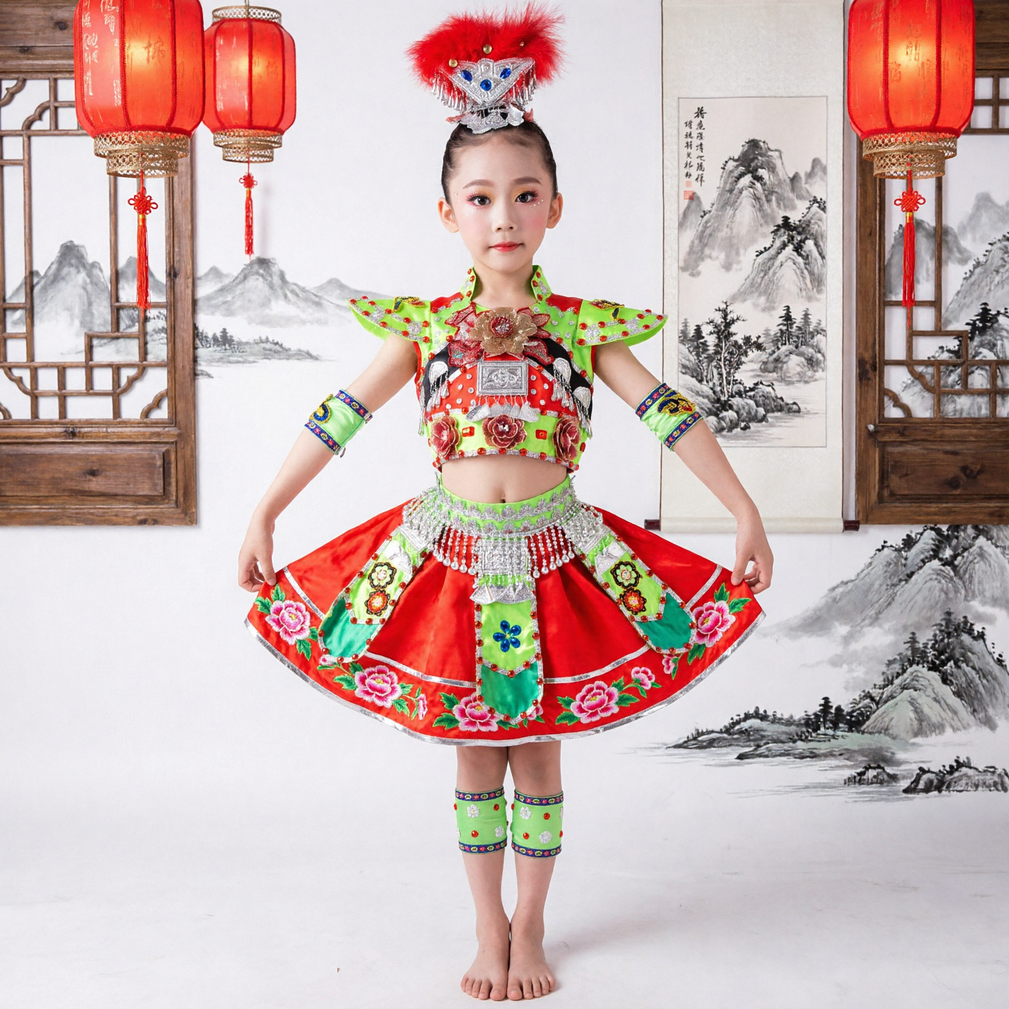 Costume de danse ethnique traditionnel chinois pour enfants filles - Tenue de scène rouge et verte avec accessoires - Asian Costume