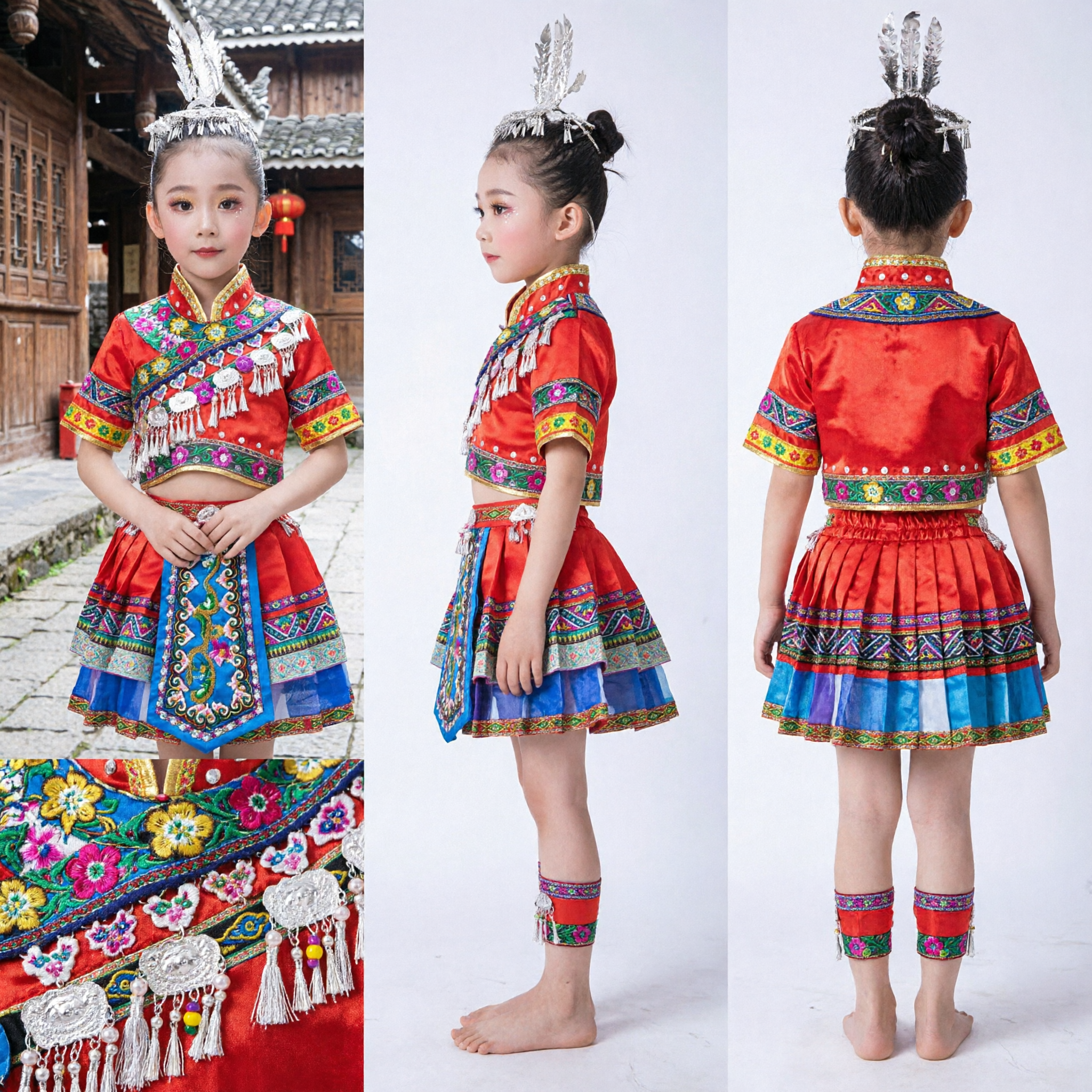Traje de Danza Étnica Miao China para Niños Vestido Rojo Bordado Tradicional para Niñas Actuación Folclórica en Escenario - Asian Costume