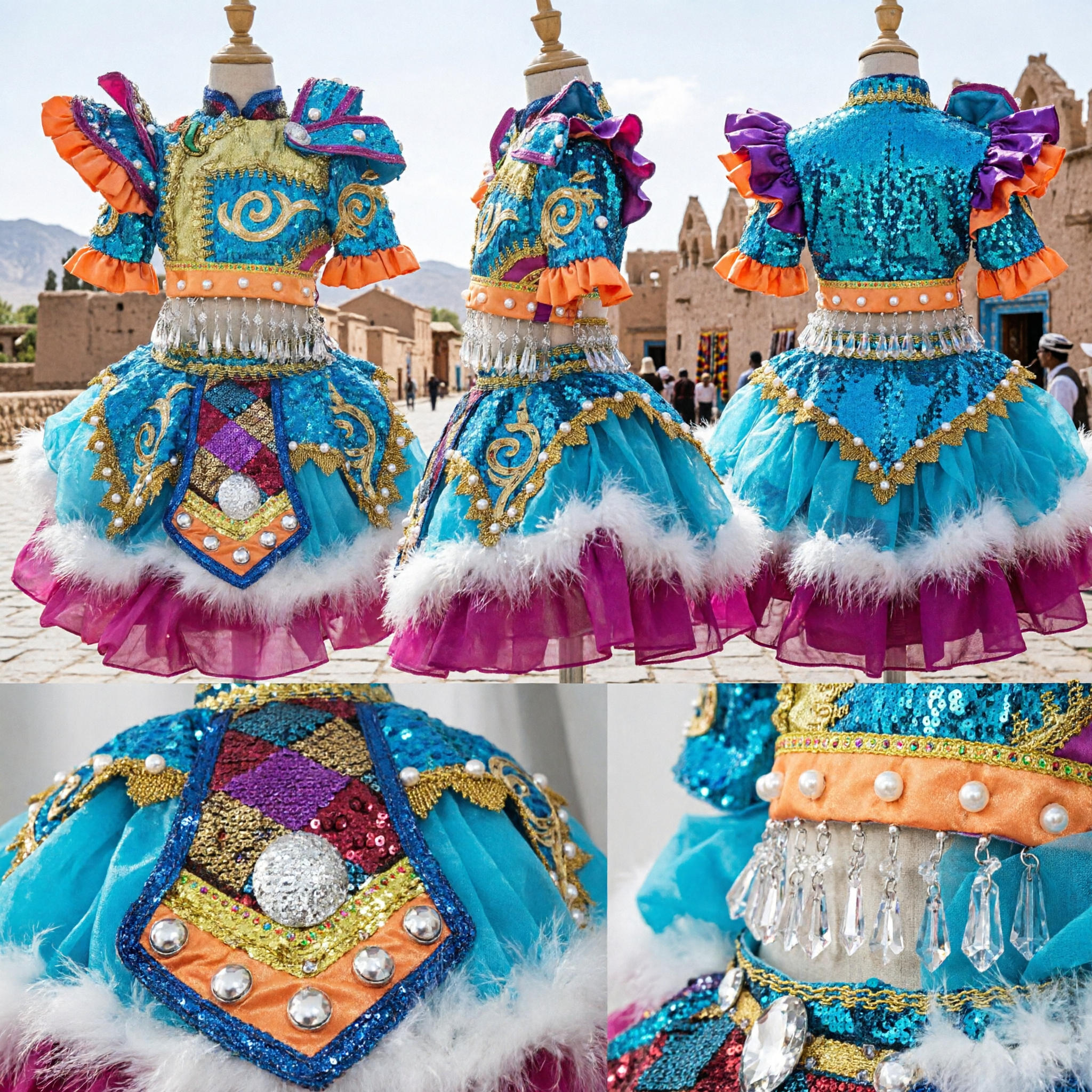Deslumbrante Traje de Dança Folclórica Étnica Miao Chinesa Azul com Lantejoulas e Ornamentos de Prata para Mulheres - Asian Costume