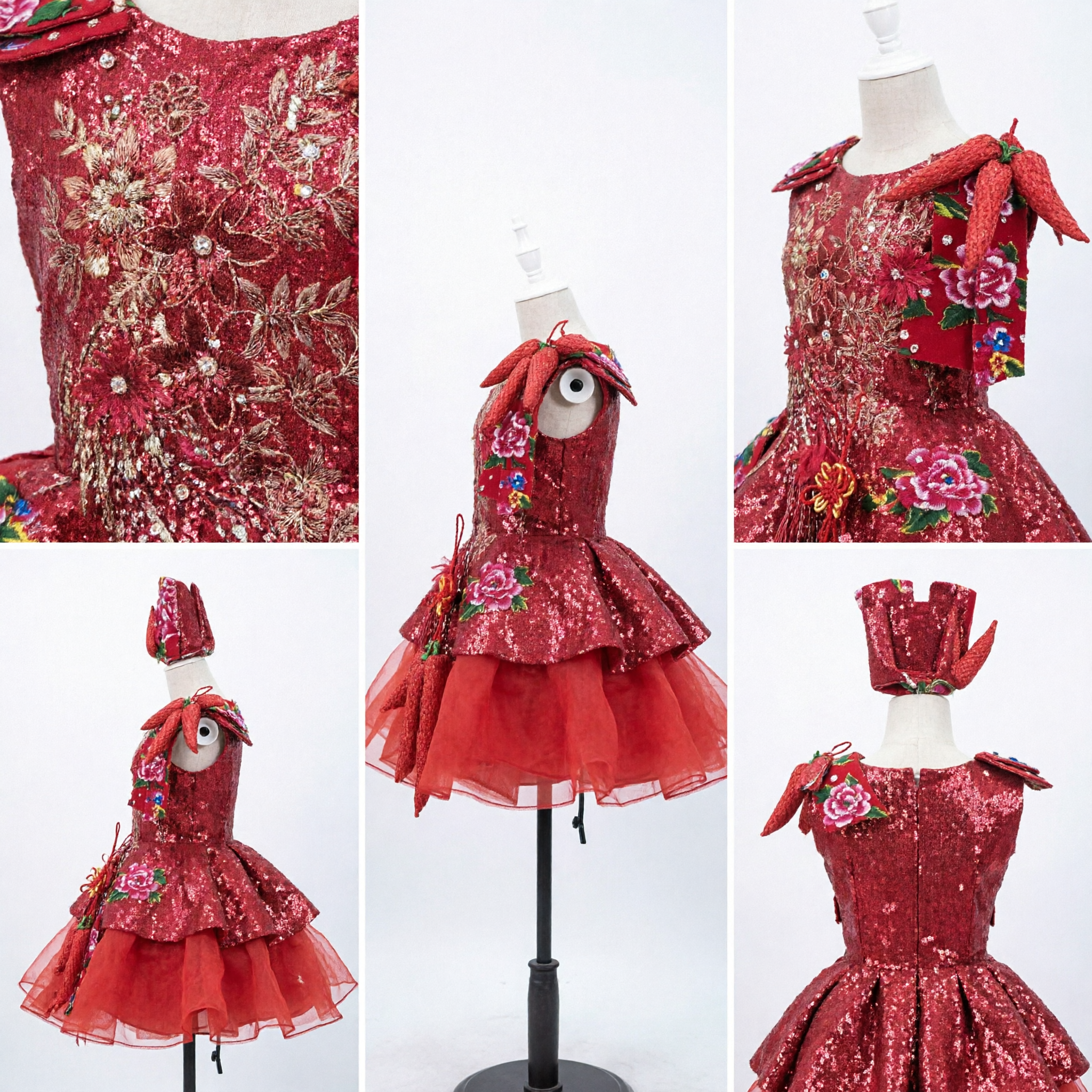 Kinderen Chinees Folkloristische Dans Kostuum Rood Pioenroos Bloemen Yangge Jur Podiumoptreden Outfit met Hoofdtooi voor Meisjes - Asian Costume