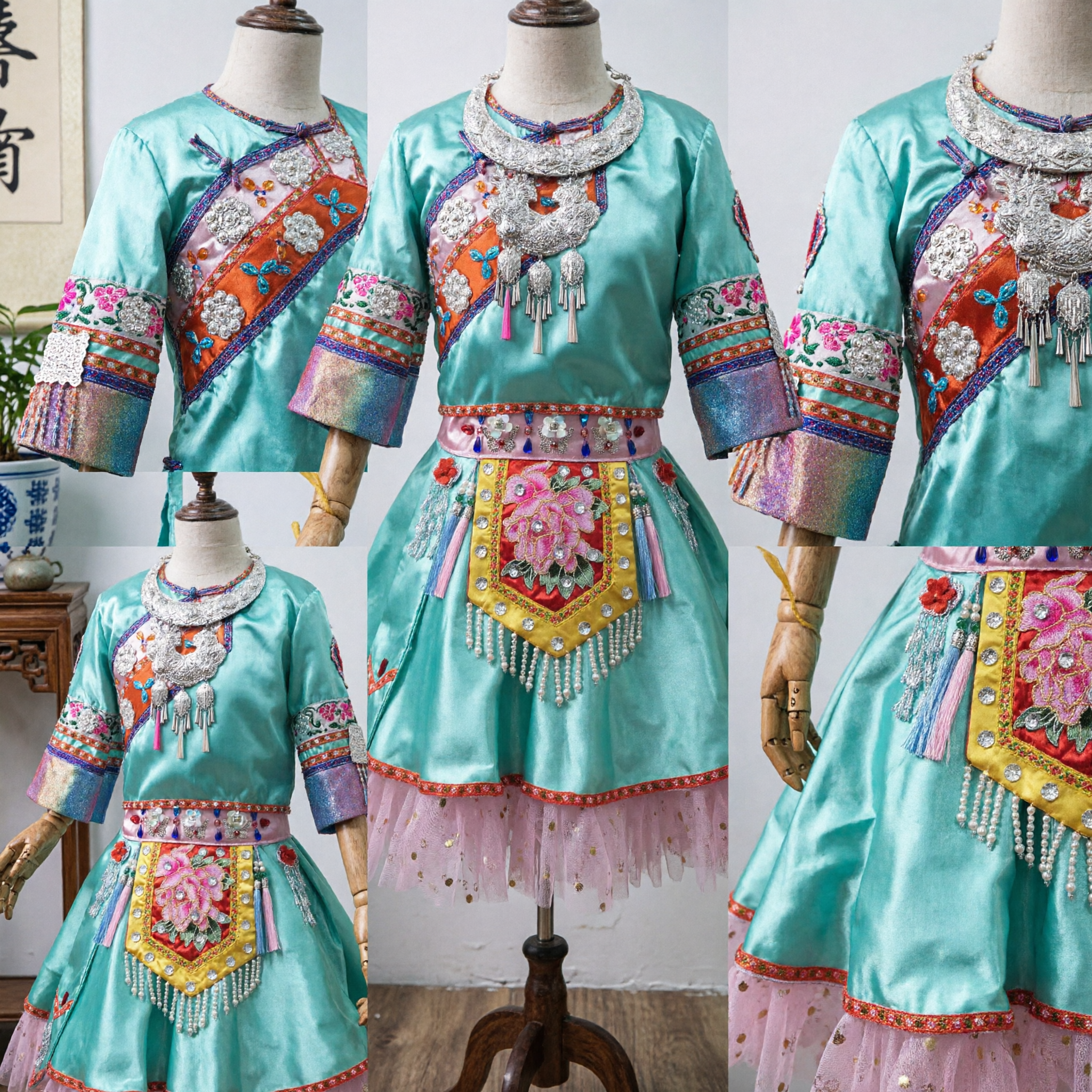Traje Étnico Tradicional Chinês, Vestido em Cetim Verde-Azul para Meninas com Joias de Prata para Performance de Dança no Palco - Asian Costume