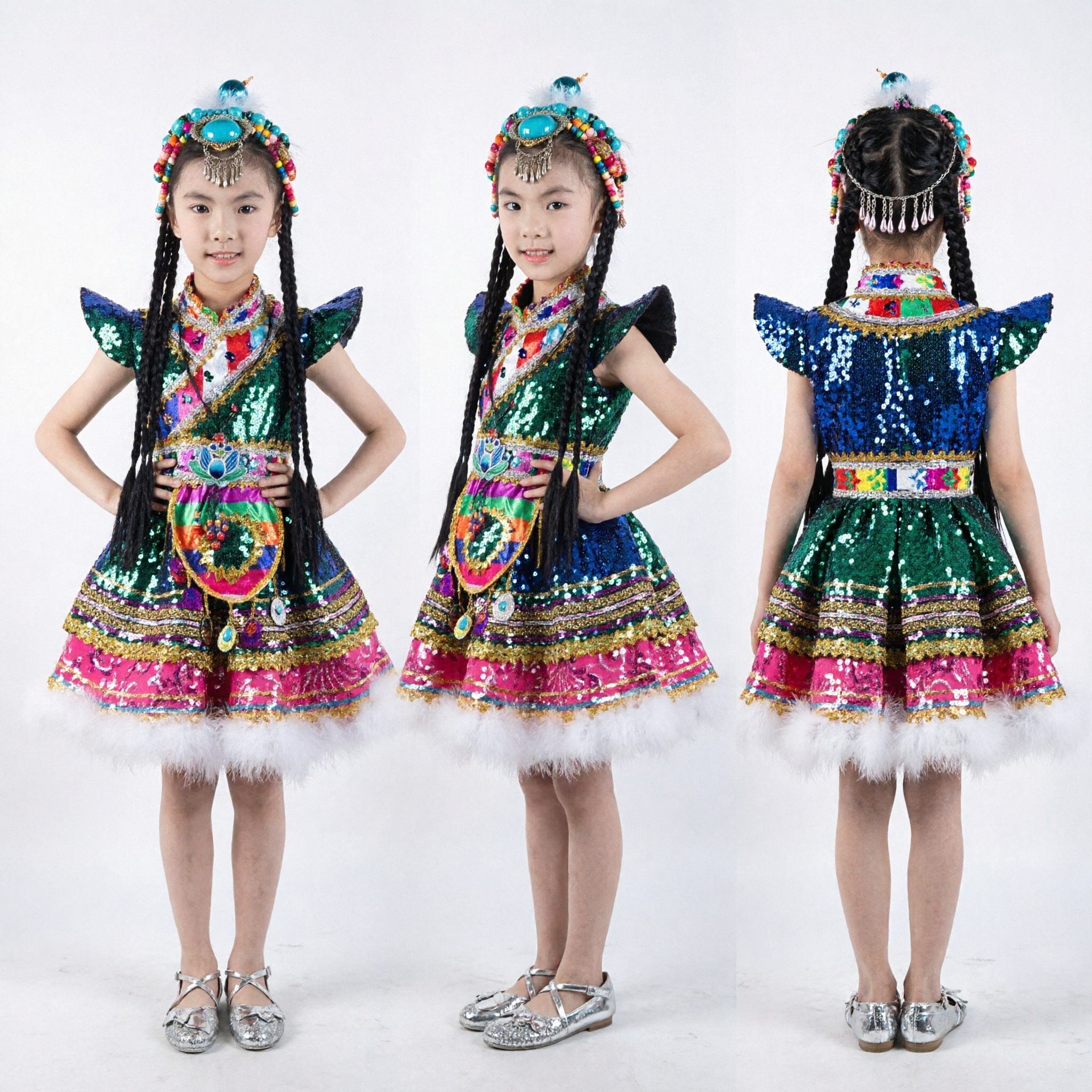 Kinderen Chinees Traditioneel Etnische Minderheid Danskostuum Met Pailletten Podiumoptreden Jurk Met Hoofdtooi voor Meisjes - Asian Costume