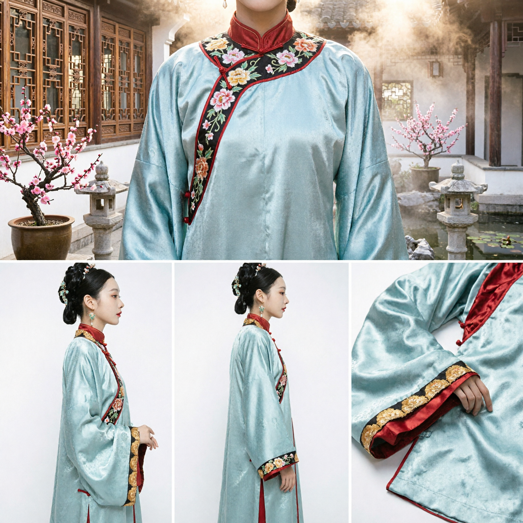 우아한 전통 중국 한푸 명나라 복장 고대 블루 실크 로브 여성 코스프레 촬영용 - Asian Costume