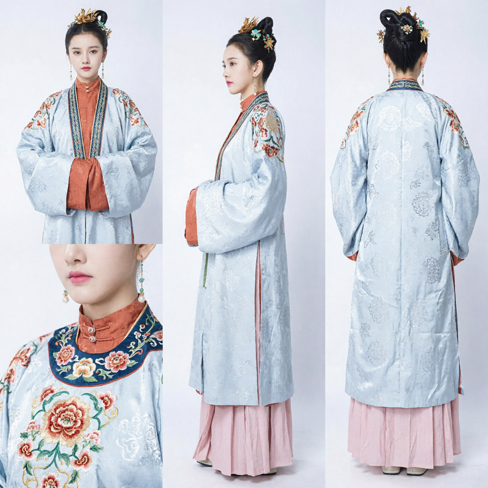 Traditionelles chinesisches Hanfu-Ming-Dynastie-Kostüm, blaues Blumenstickerei-Langgewand und rosa Rock-Set - Asian Costume