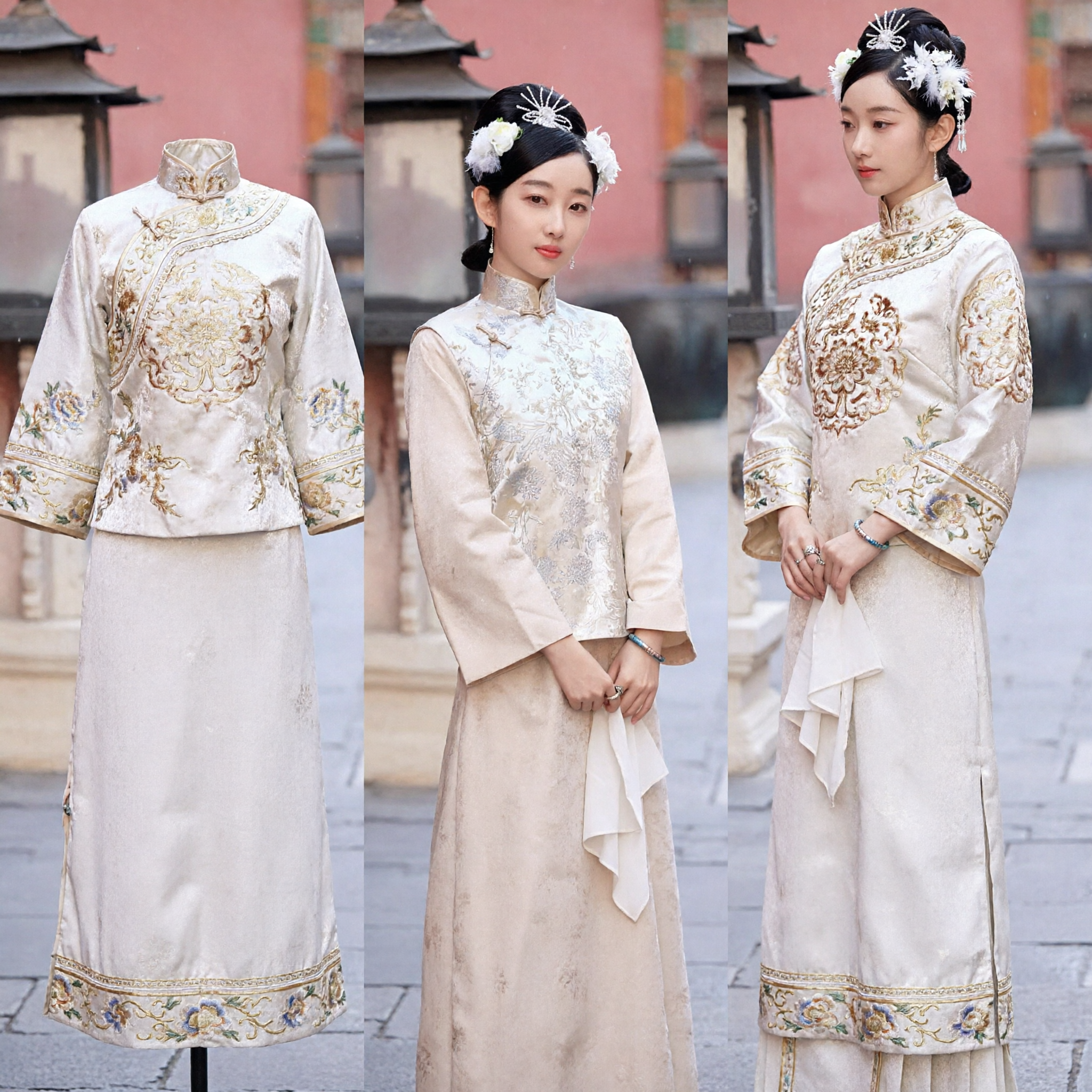 Costume tradizionale cinese dell'era Minguo per donne, completo top e gonna beige ricamato Cheongsam per fotografia e spettacoli - Asian Costume