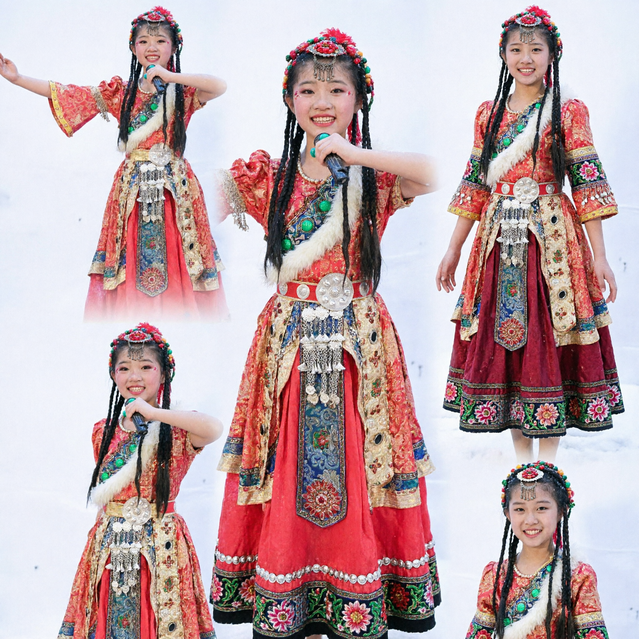 Costume de danse folklorique tibétain ethnique traditionnel chinois pour filles, robe de scène rouge avec accessoires en argent - Asian Costume