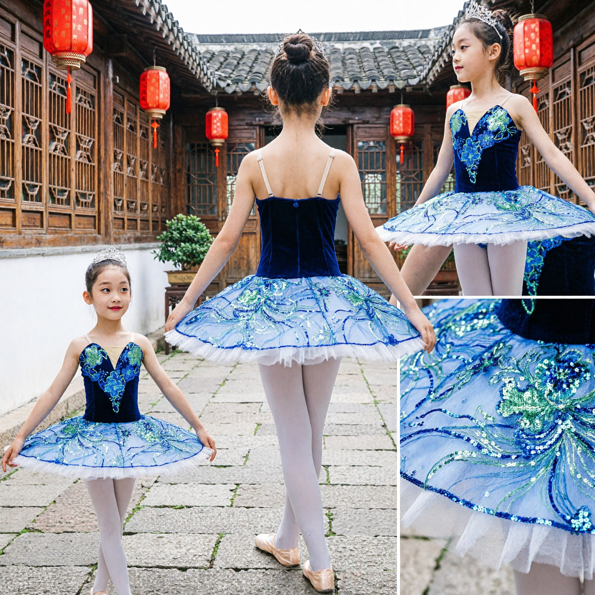 Abito da balletto in tulle di velluto blu per ragazze, costume da spettacolo di danza per bambini con ricamo floreale classico - Asian Costume