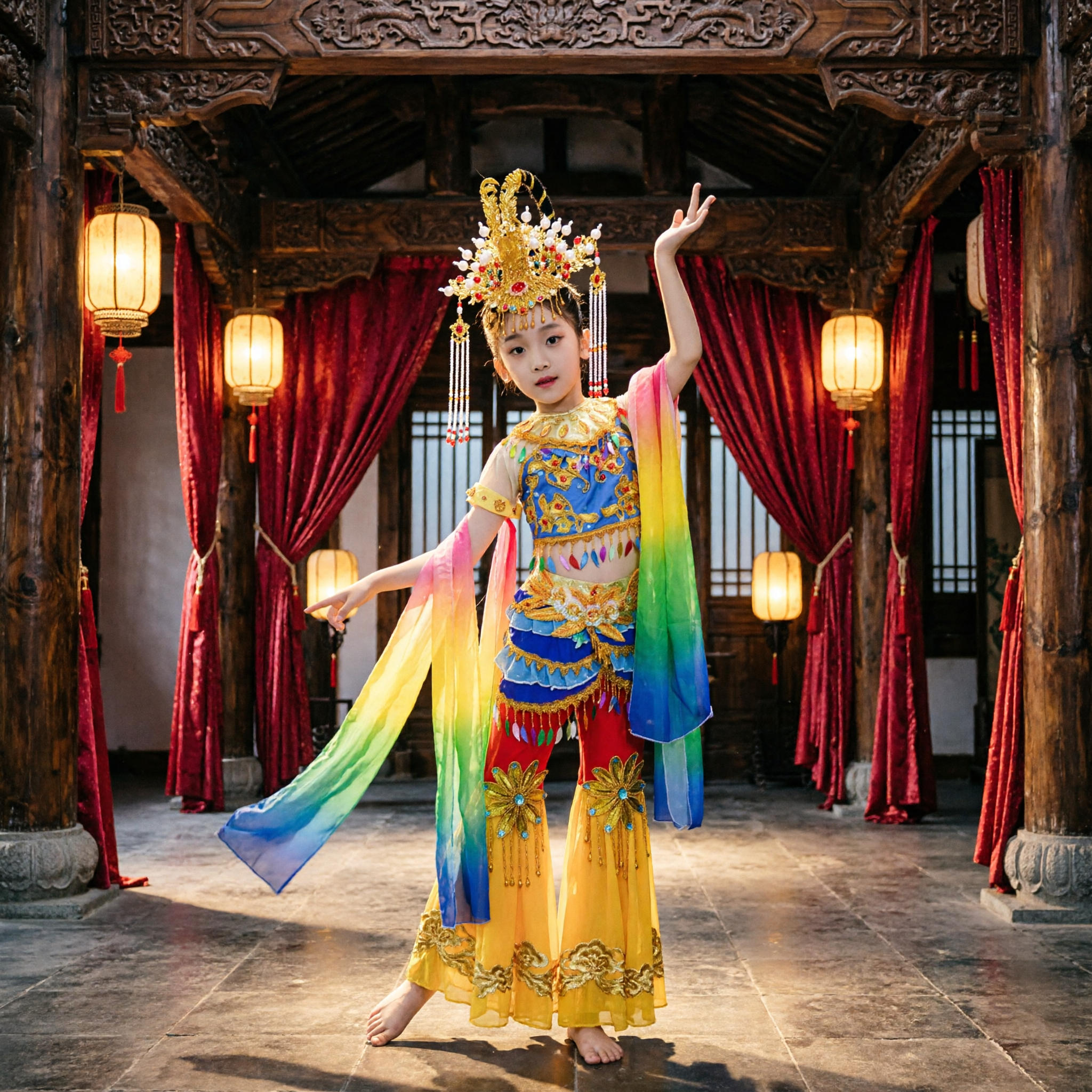 Costume de danse classique chinoise pour enfants, tenue traditionnelle jaune de l'Apsara volante de Dunhuang pour spectacles sur scène pour filles - Asian Costume