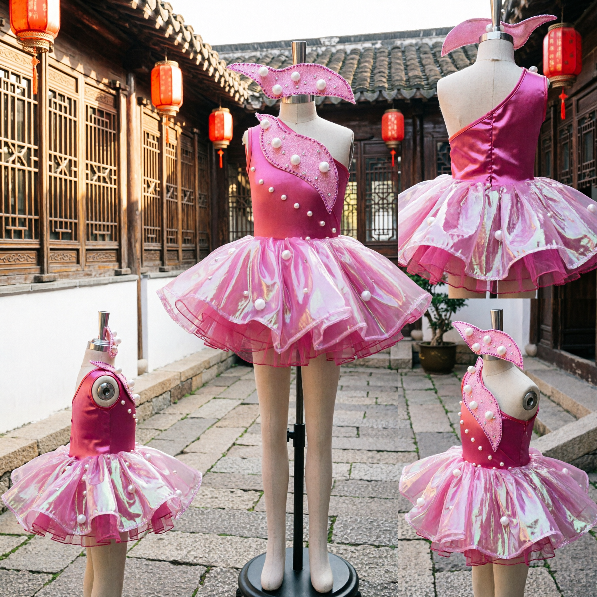 Kinder-Mädchen-Rosa Ein-Schulter-Tanzkostüm, modernes Jazz-Ballett-Tutu-Kleid mit Kopfschmuck für Bühnenaufführungen - Asian Costume
