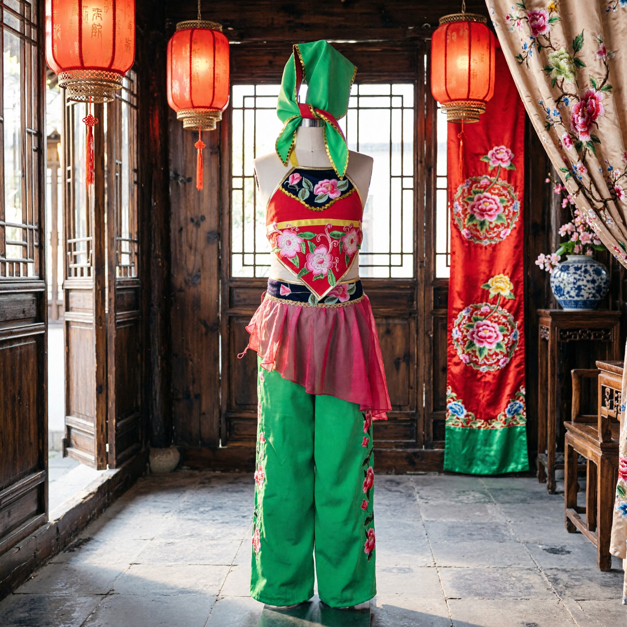 Traje de Dança Folclórica Tradicional Chinês, Conjunto de Performance no Palco para Dança Yangge com Leque Vermelho e Verde com Bordado Floral para Mulheres - Asian Costume