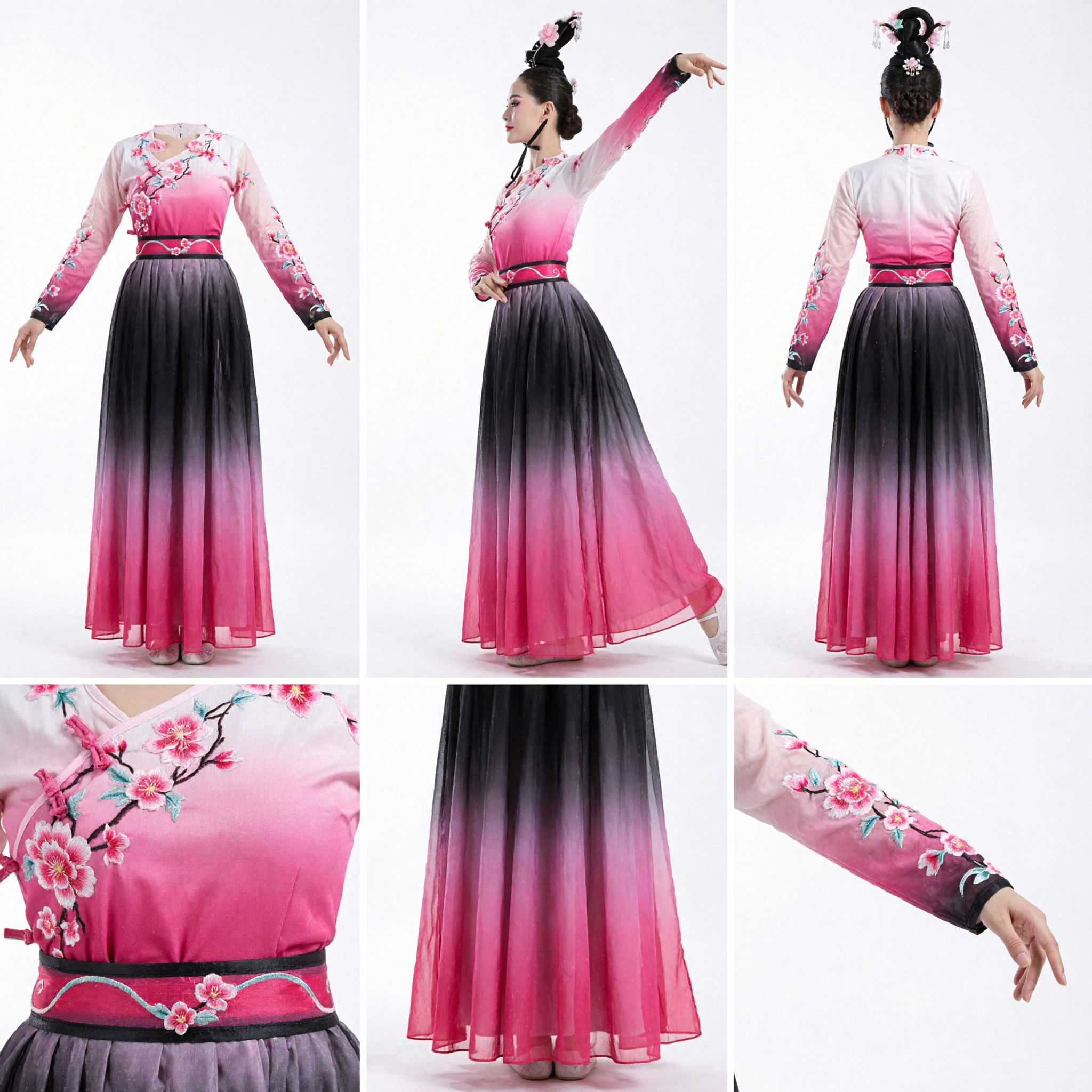 Traje de Danza Clásica Tradicional China para Mujeres, Vestido Rosa en Degradado con Bordado para Presentaciones Escénicas y Uso Folclórico - Asian Costume