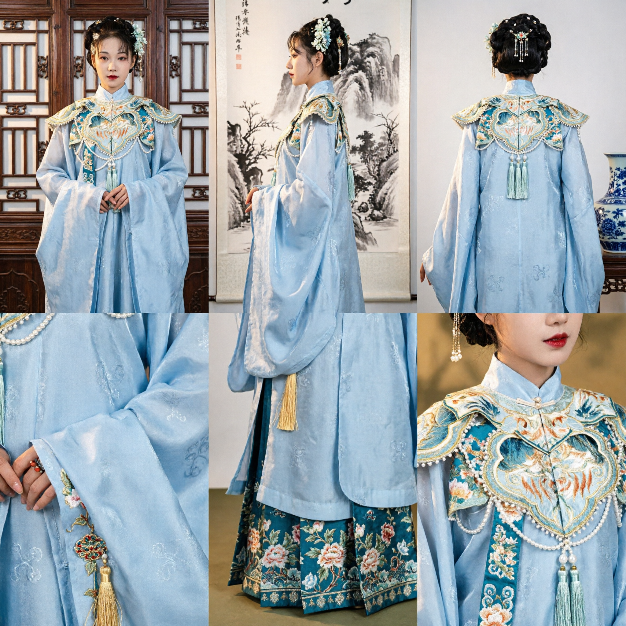 Traje Tradicional Chinês Hanfu Azul Elegante, Vestido Bordado da Antiga Dinastia Ming para Fotografia Feminina - Asian Costume
