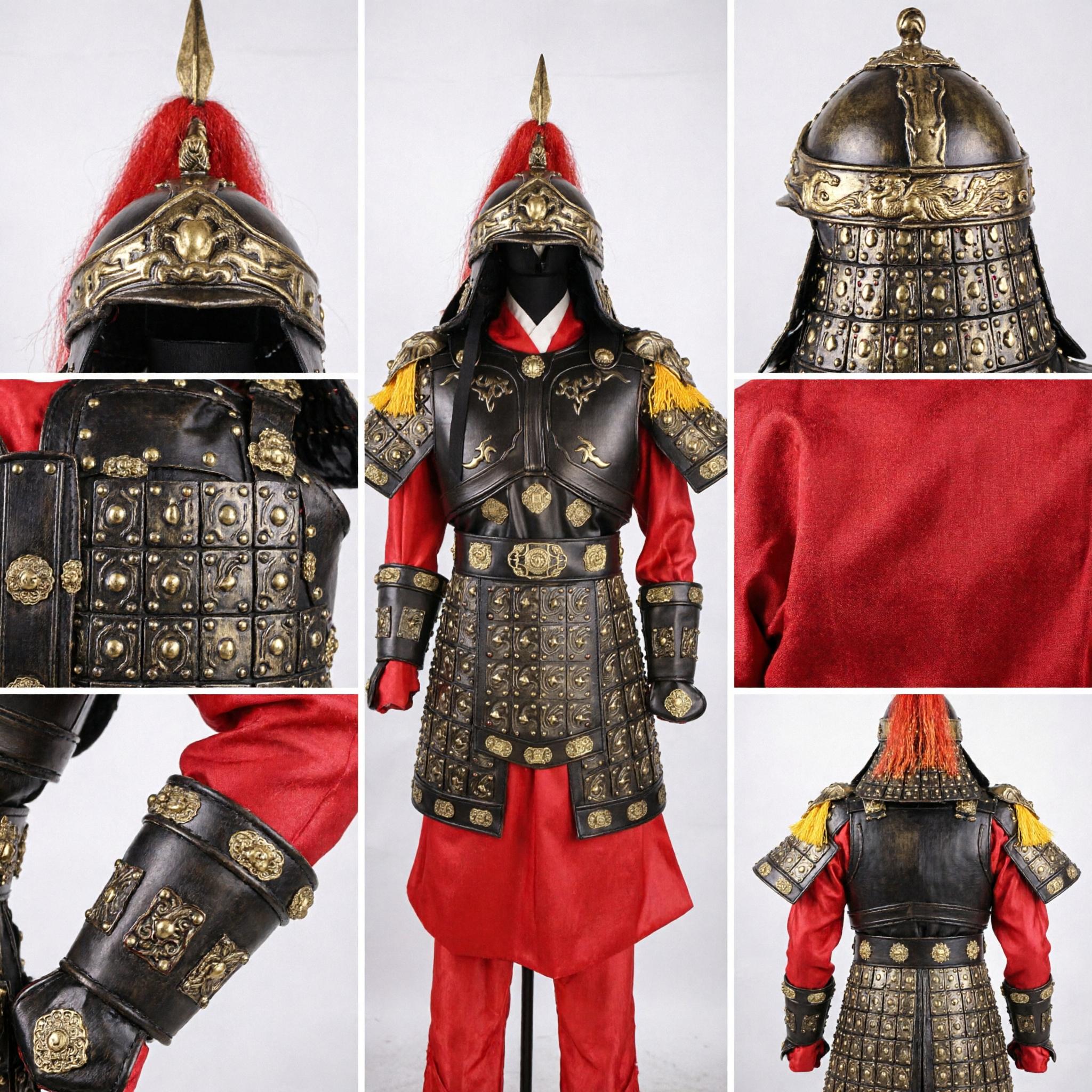 Starożytny chiński kostium generała-wojownika w zbroi do cosplayu, kompletny zestaw z hełmem, czarny skórzany strój rycerski dla mężczyzn - Asian Costume