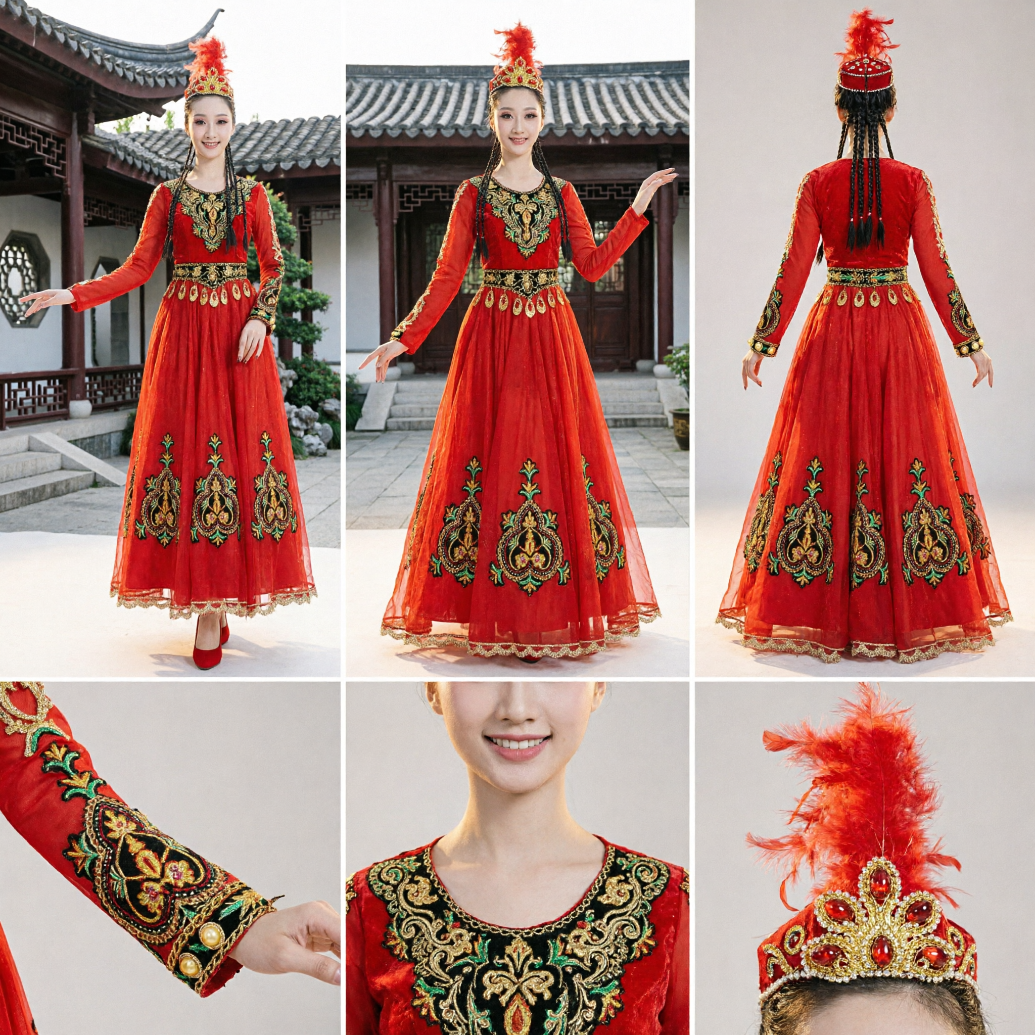Women's Red Xinjiang Uyghur Traditional Dance Costume Embroidered Ethnic Folk Dress Stage Performance Outfit with Hat - Asian Costume