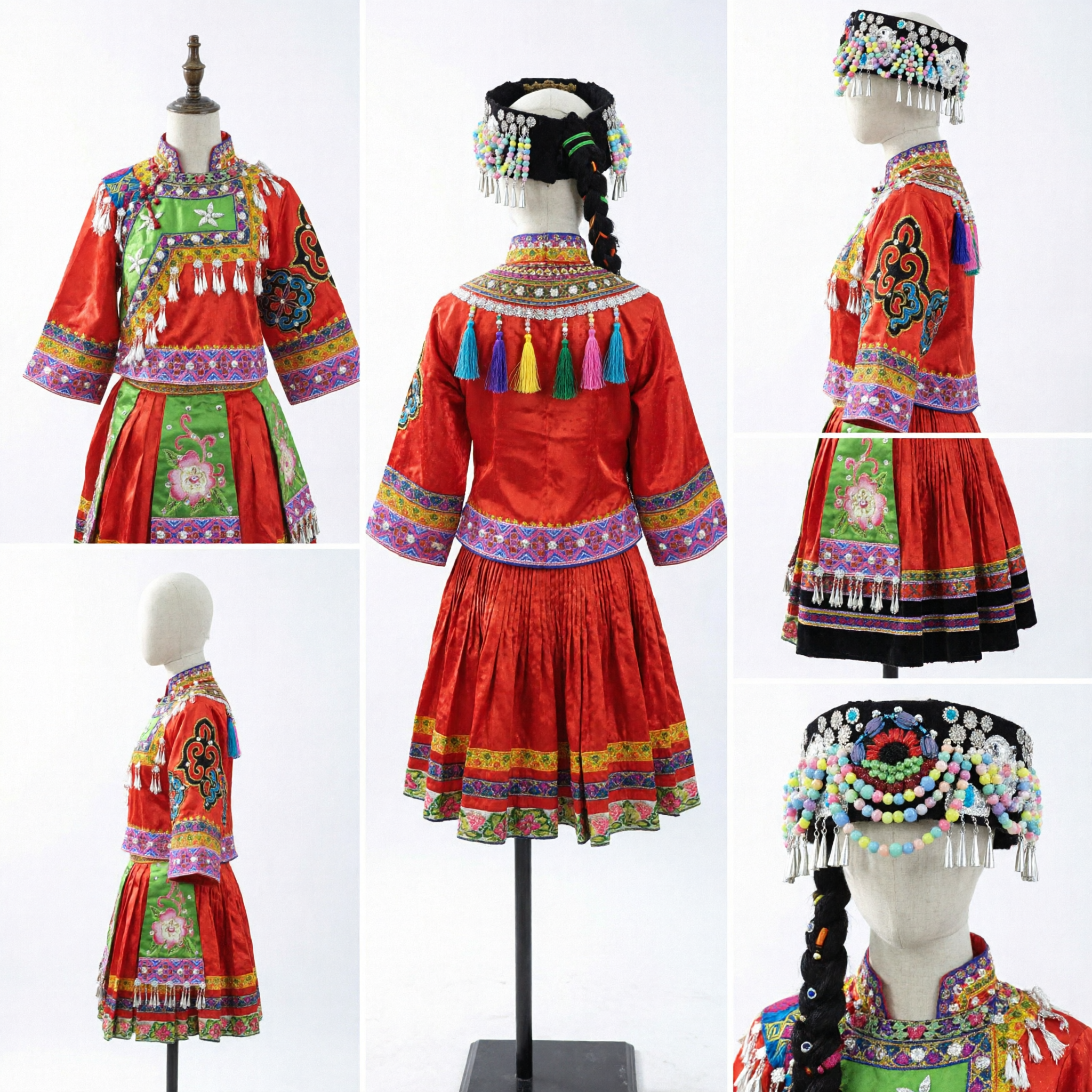 Traditional Chinese Miao Minority Red Embroidery Costume with Headdress for Women Folk Dance Festival Performance - Asian Costume