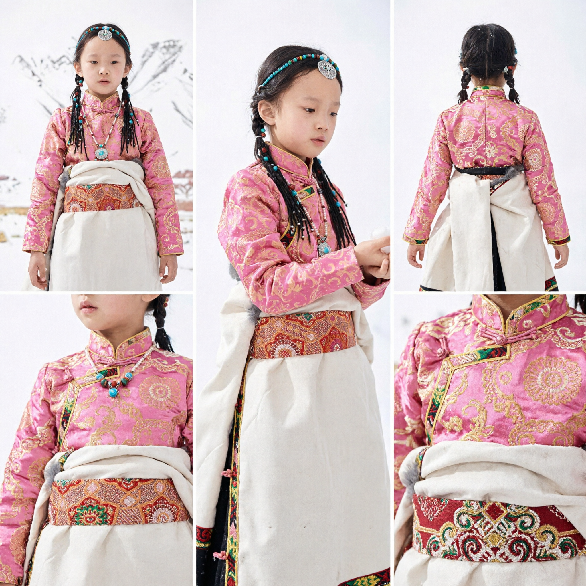 Traje Étnico Tibetano Tradicional Chino para Niñas, Vestido de Brocado Rosa para Festivales y Actuaciones de Danza - Asian Costume