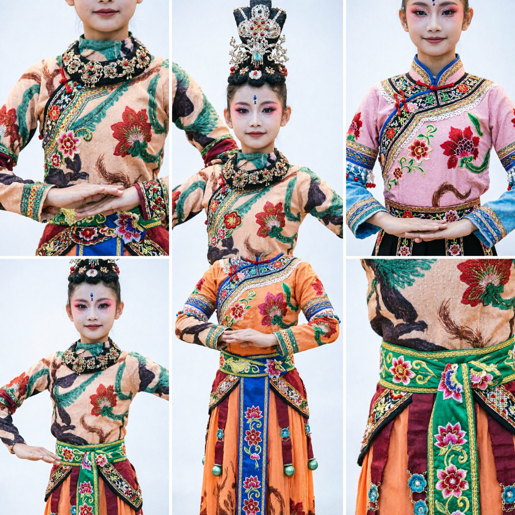 Traditionelles chinesisches Dunhuang-Tanzkostüm für Kinder Mädchen Bühnenauftritts-Ethno-Volkskleid mit Kopfschmuck - Asian Costume