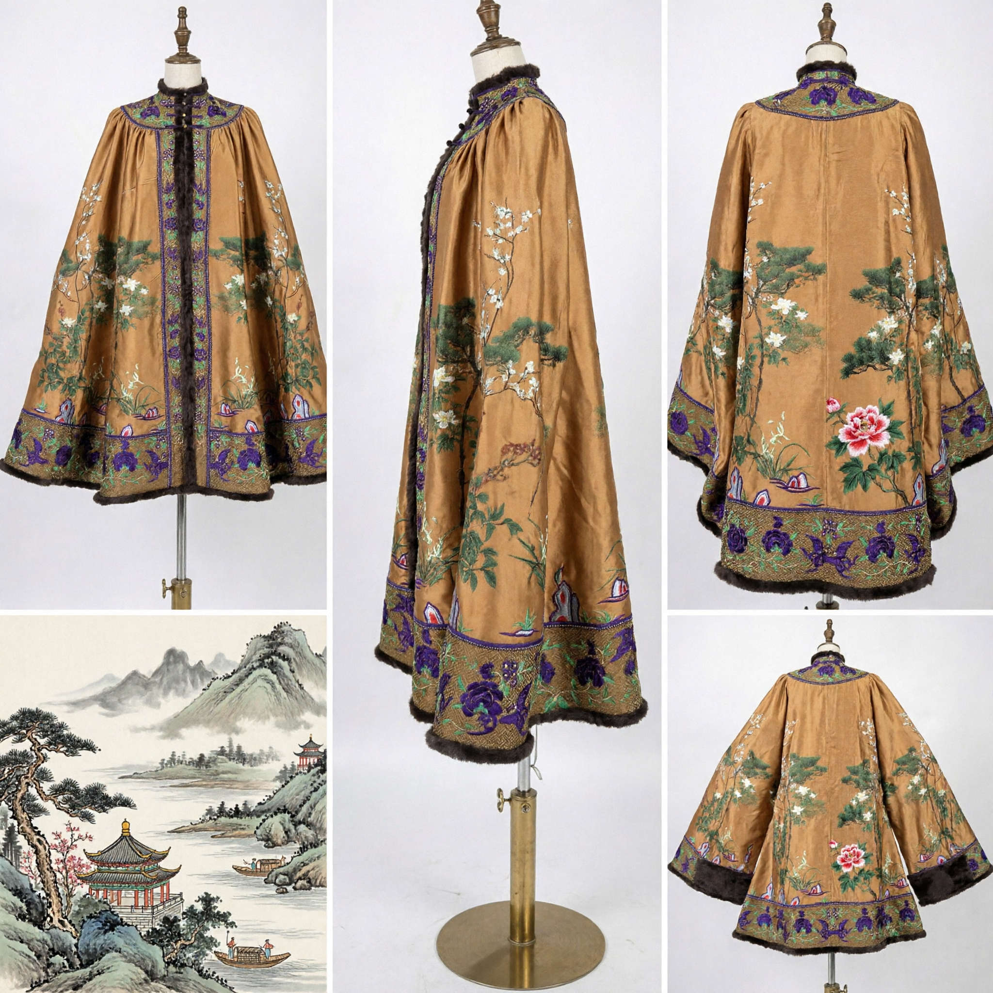 Capa de Seda Bordada em Ouro da Dinastia Qing Chinesa Tradicional com Ajuste de Pele Hanfu para Mulheres - Asian Costume