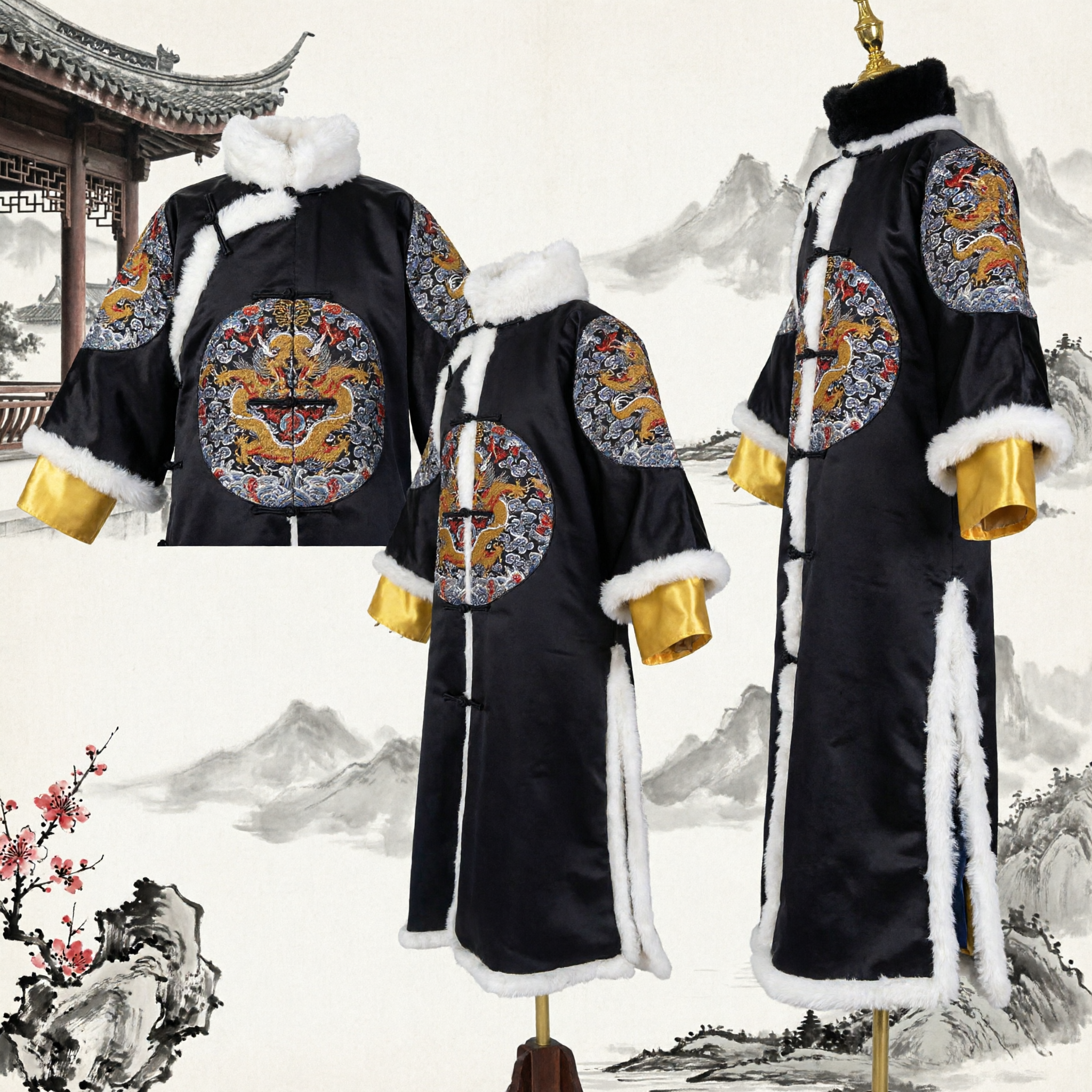 Robe do Dragão Negro da Dinastia Qing Chinesa Tradicional Traje de Corte Masculino com Ajuste de Pele para Inverno e Performance no Palco - Asian Costume