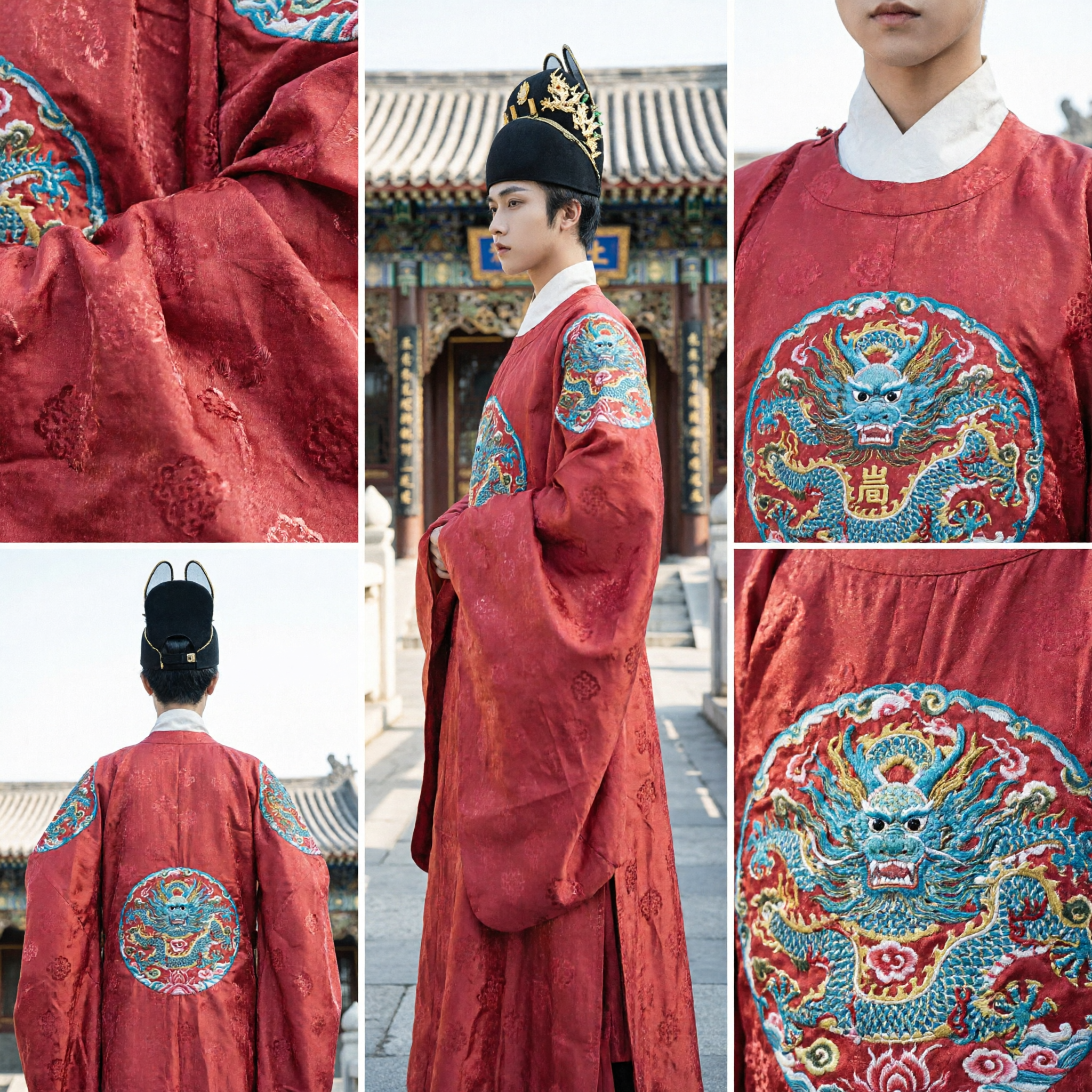 전통 중국 명나라 붉은색 예복 고대 관료 의상 남성 한푸 용 자수 신랑 예복 - Asian Costume