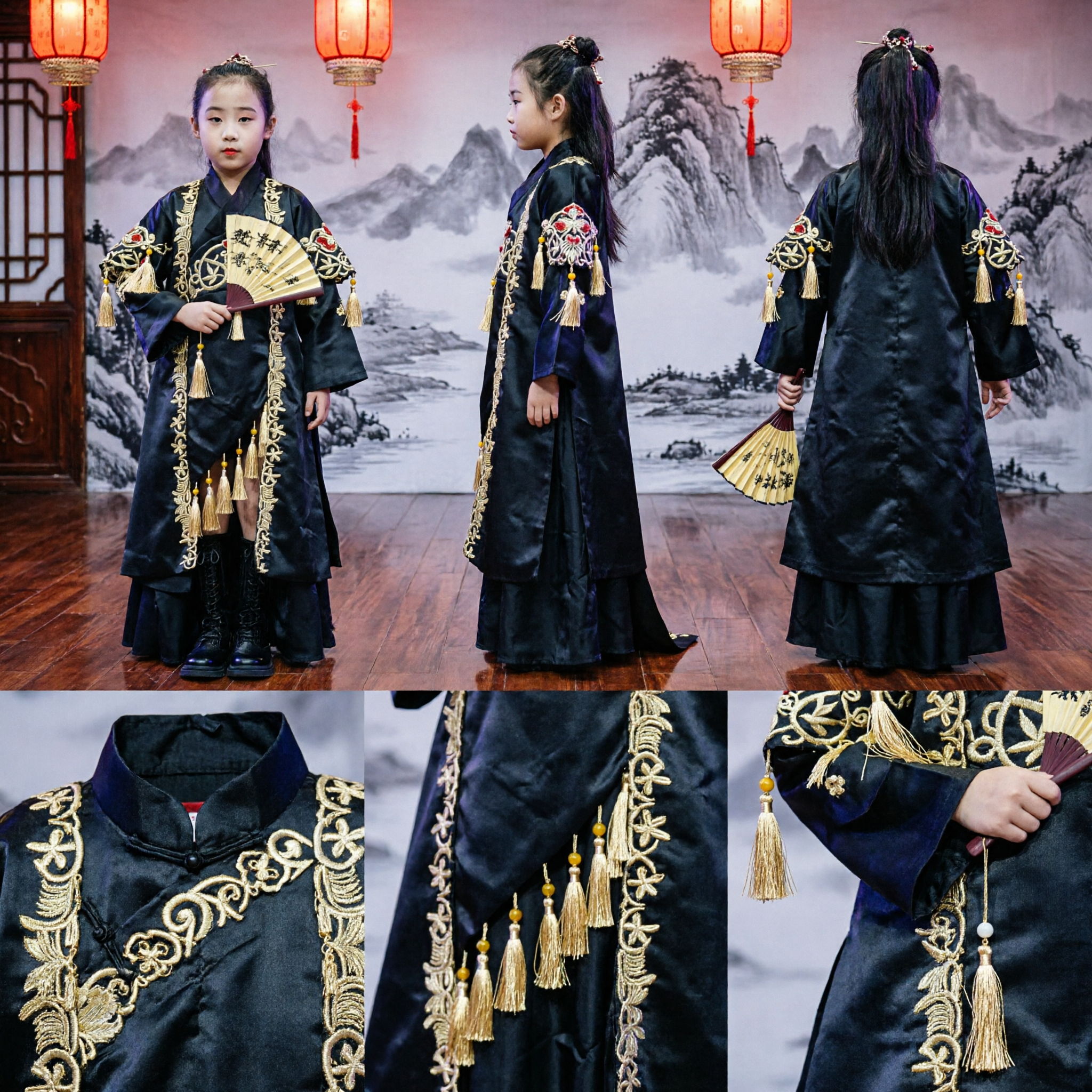 子供用黒い古代中国漢服衣装、伝統刺繍学者ローブ、扇子付き、ステージパフォーマンス用 - Asian Costume