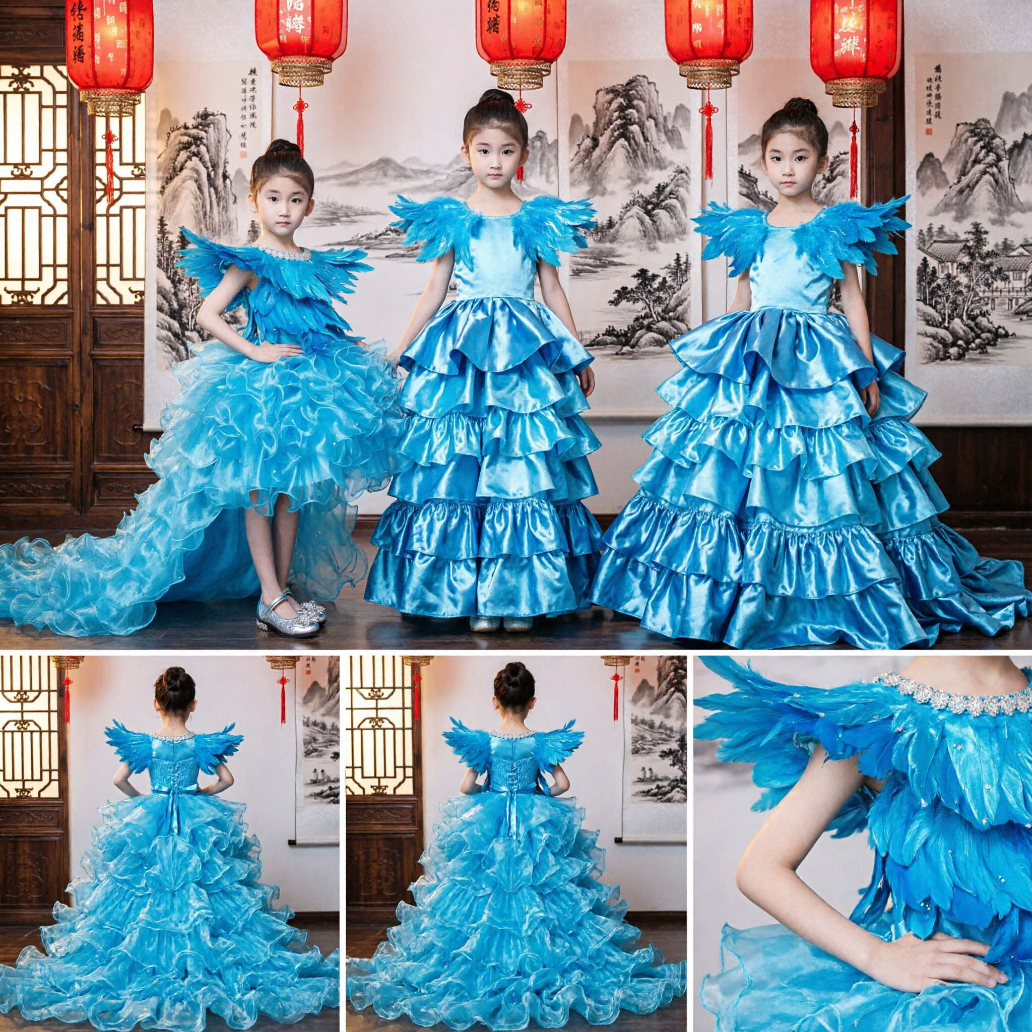 Robe de spectacle sur scène à plumes bleue pour enfants, jupe à volants pour filles, robe de soirée de chorale ou de présentatrice - Asian Costume