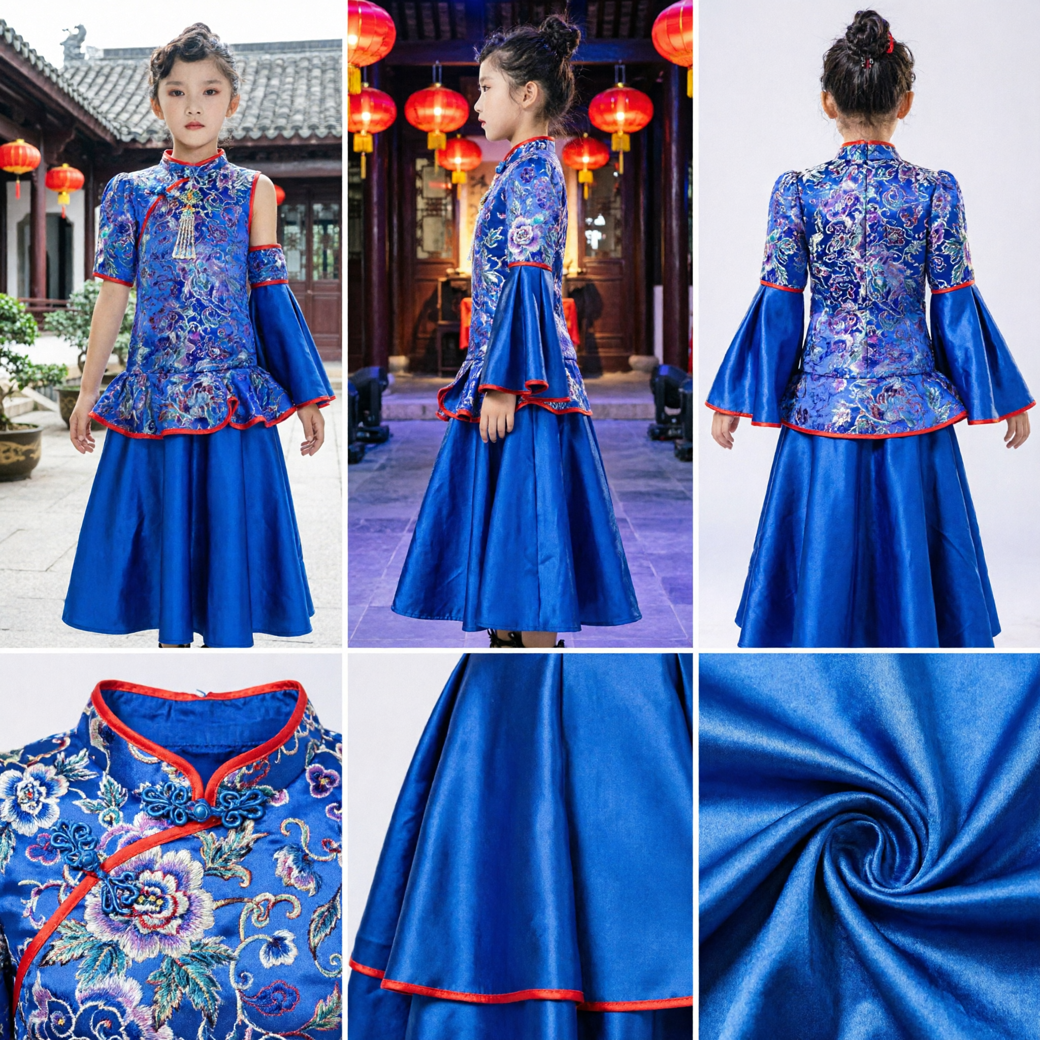 Robe Qipao chinoise traditionnelle bleue à motifs floraux pour filles, costume de scène à jupe asymétrique - Asian Costume