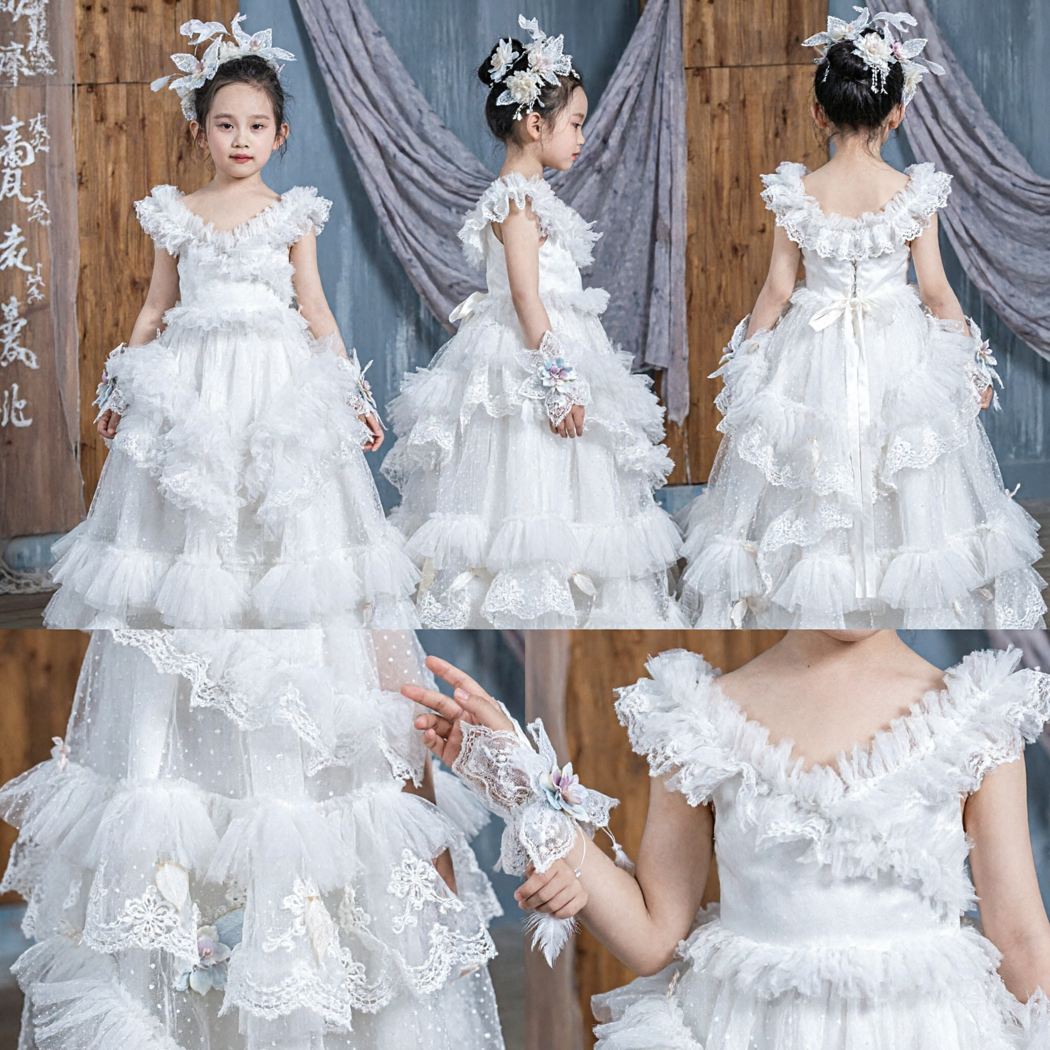 Vestido de Princesa Blanco de Tul con Volantes para Niñas con Tocado de Mariposa para Damita de Honor o Primera Comunión - Asian Costume
