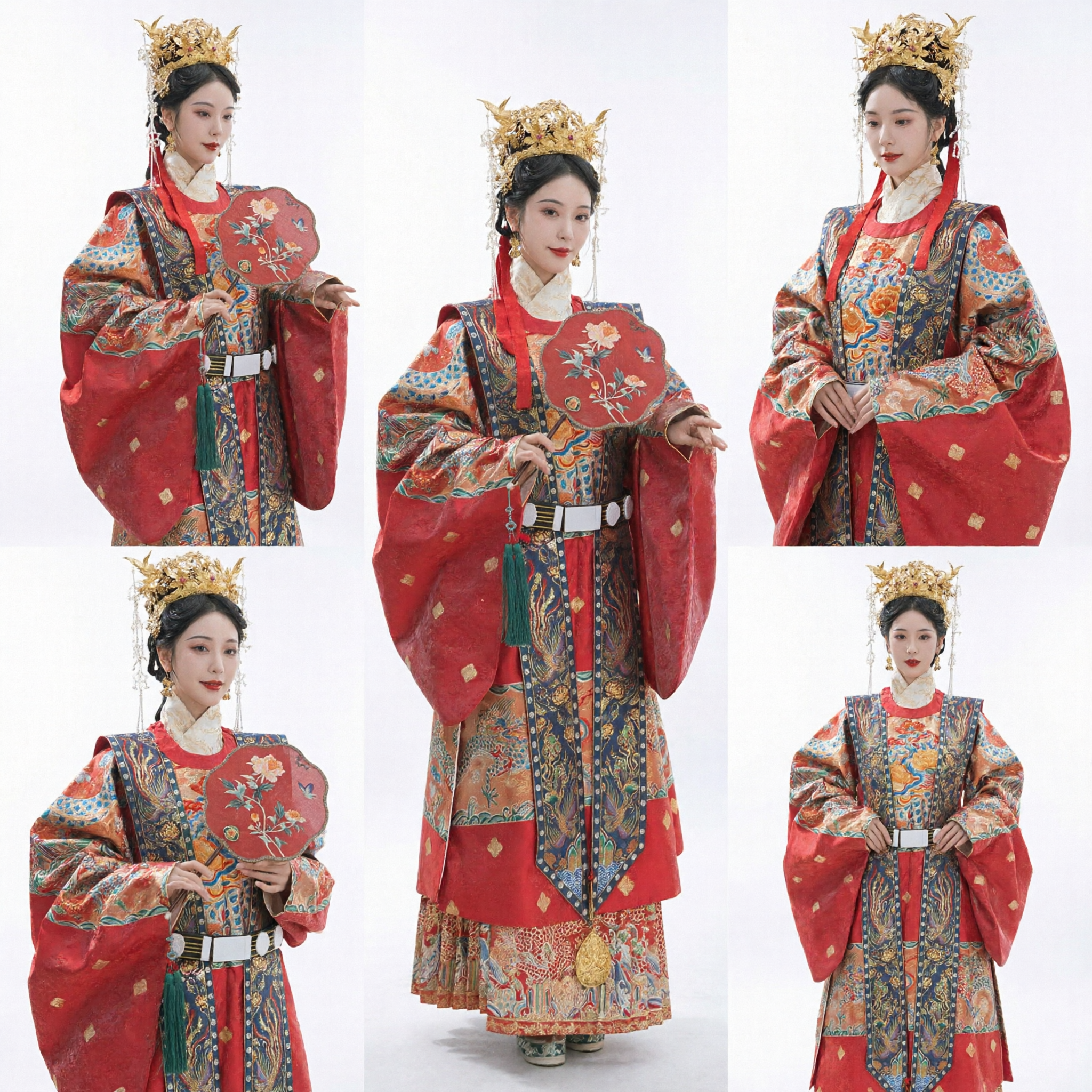Exquisites Ming-Dynastie-Stil Chinesisches Hochzeits-Hanfu, Roter Bestickter Robe mit Goldenem Phönix-Kronen-Set - Asian Costume