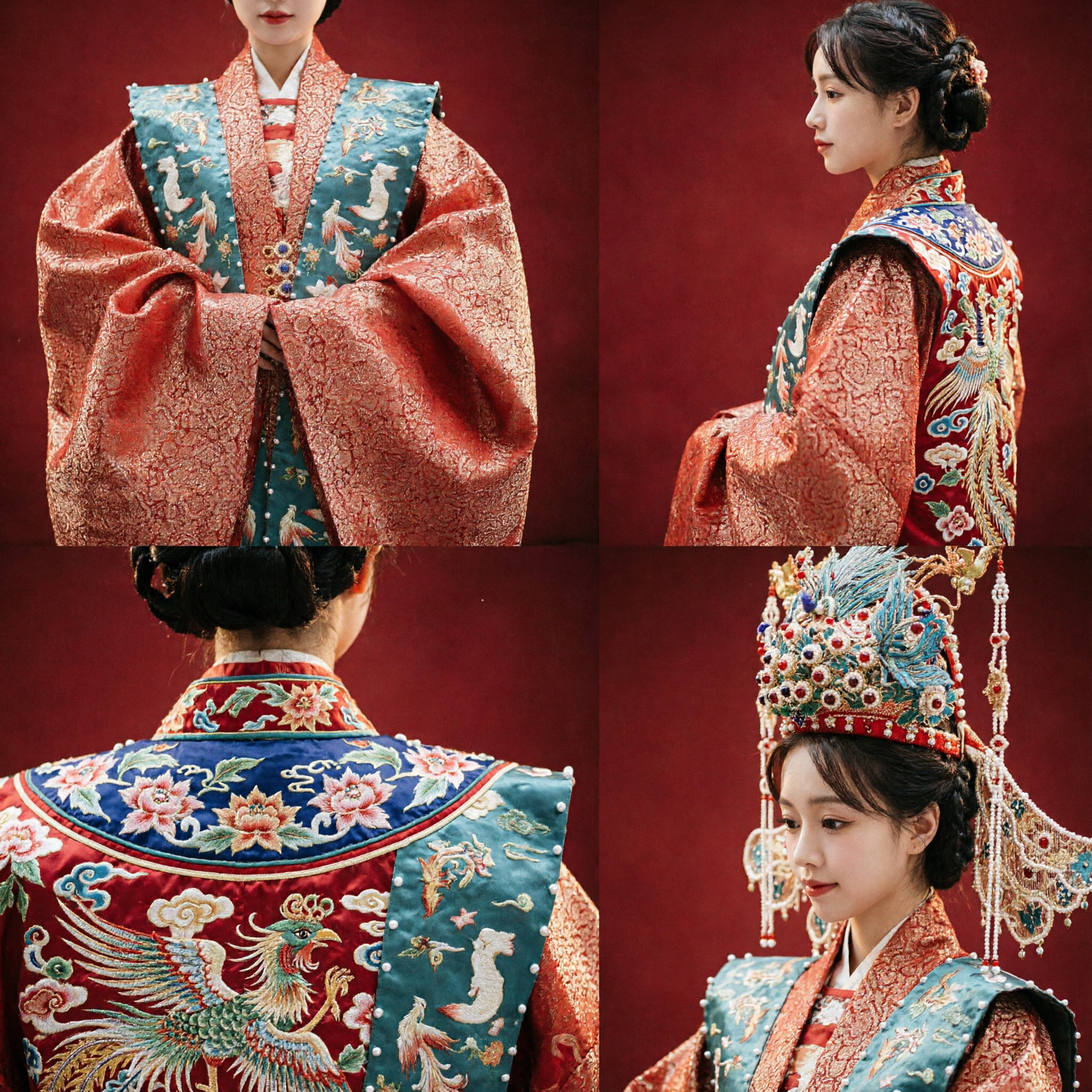 Abito da Sposa Hanfu Tradizionale Cinese della Dinastia Ming con Corona a Fenice e Xiapei Ricamato per Donne - Asian Costume