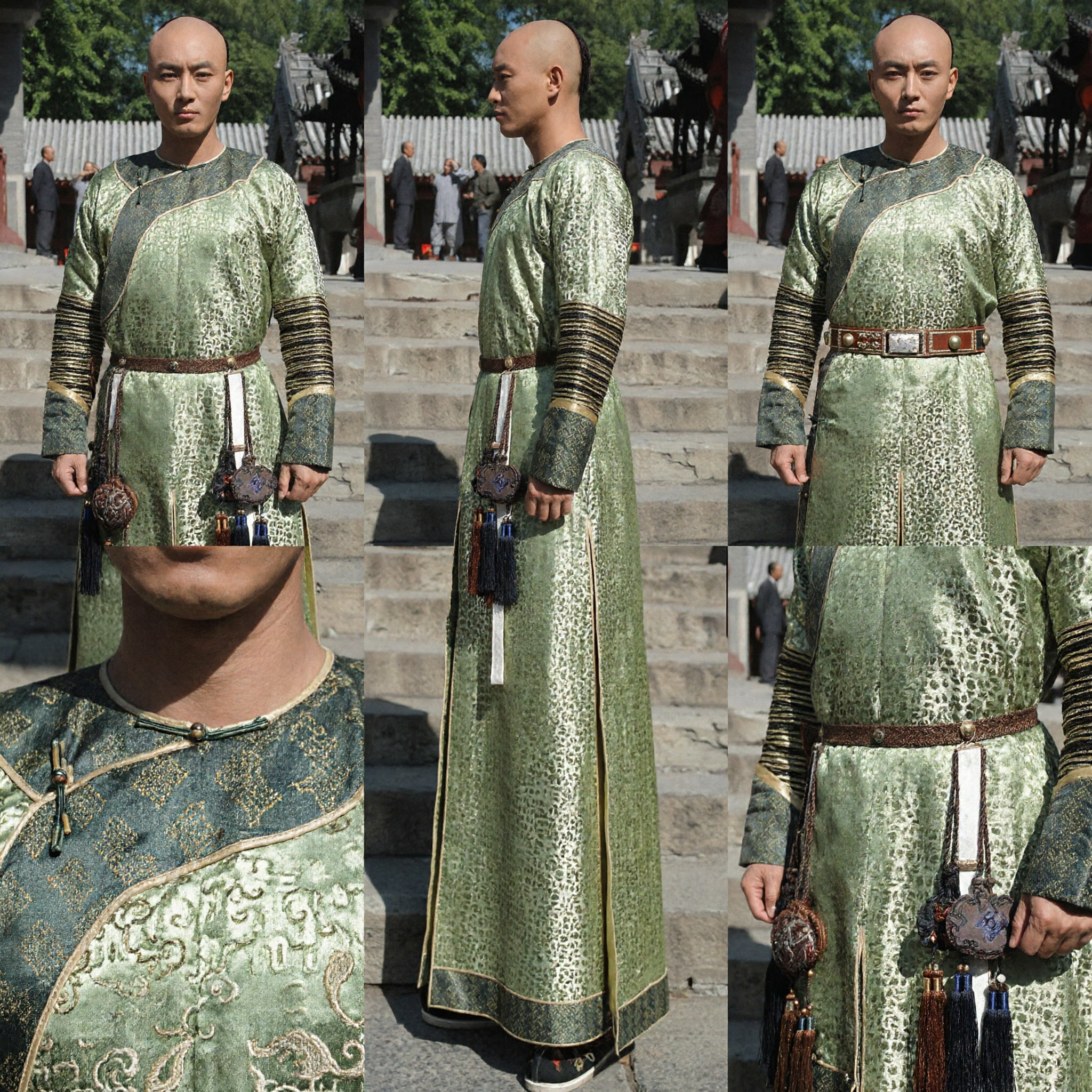 Robe princière mandchoue traditionnelle de la dynastie Qing Changpao à motifs verts Costume historique pour hommes - Asian Costume