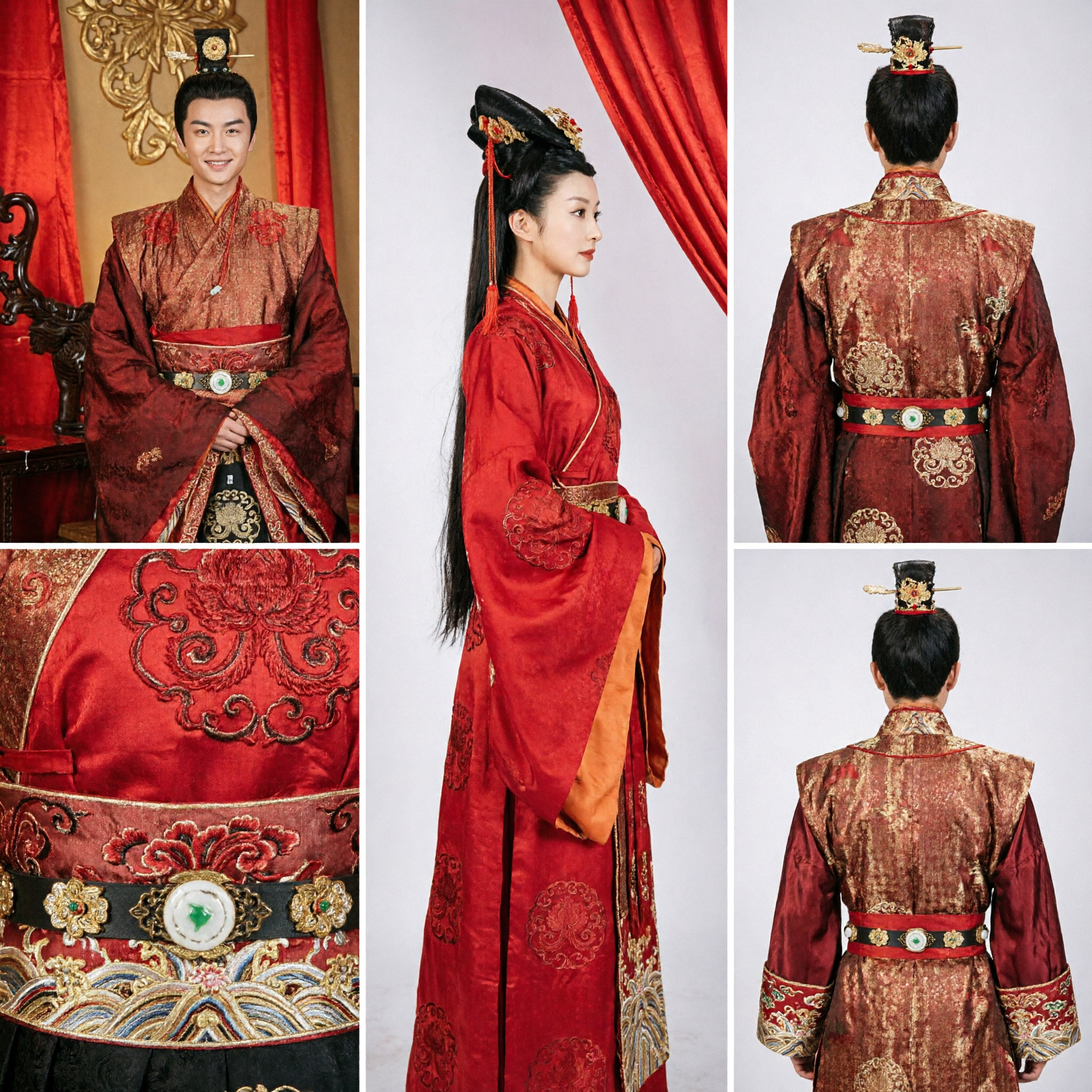 伝統的古代中国 婚礼漢服衣装セット 赤い花嫁と新郎ローブ カップル写真撮影用 - Asian Costume