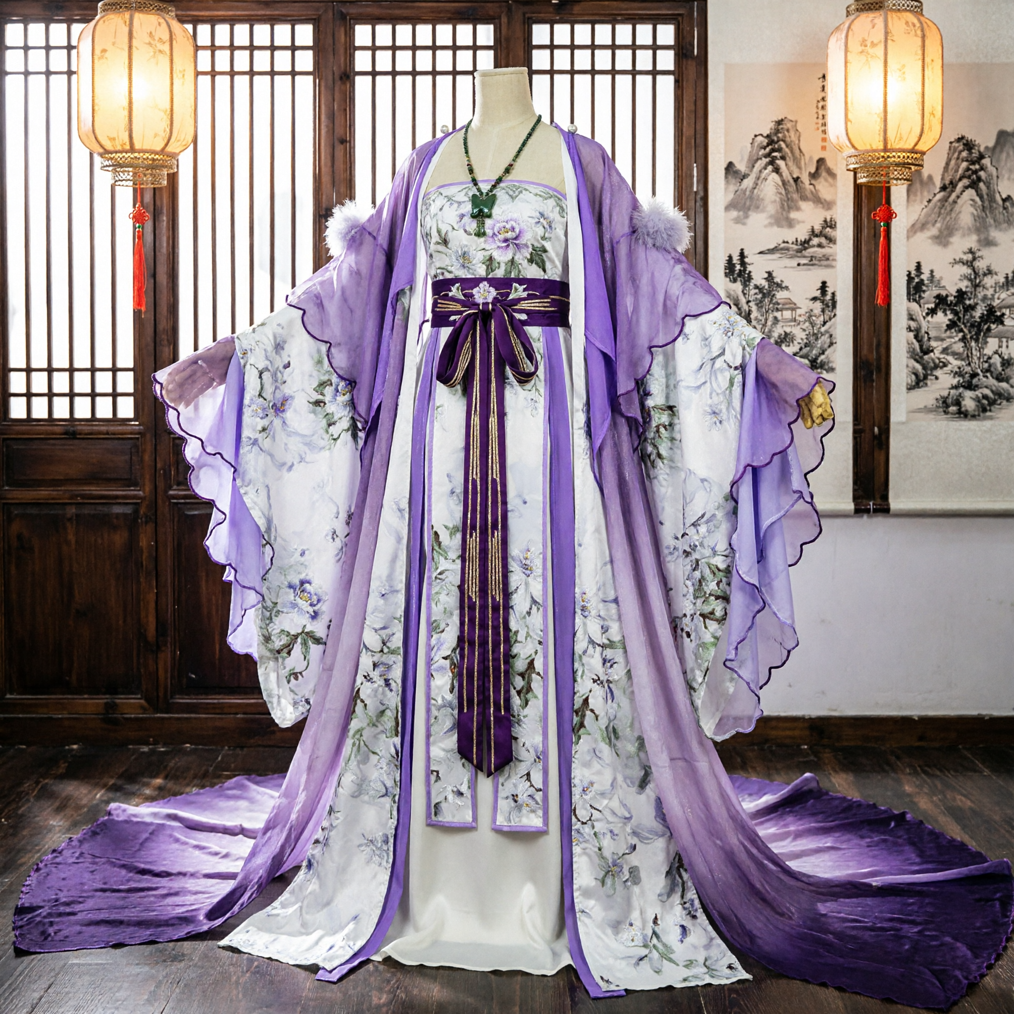 Traditionelles chinesisches Hanfu lila blumiges antikes Kleid Tang-Dynastie-Stil-Kostüm für Frauen-Cosplay - Asian Costume