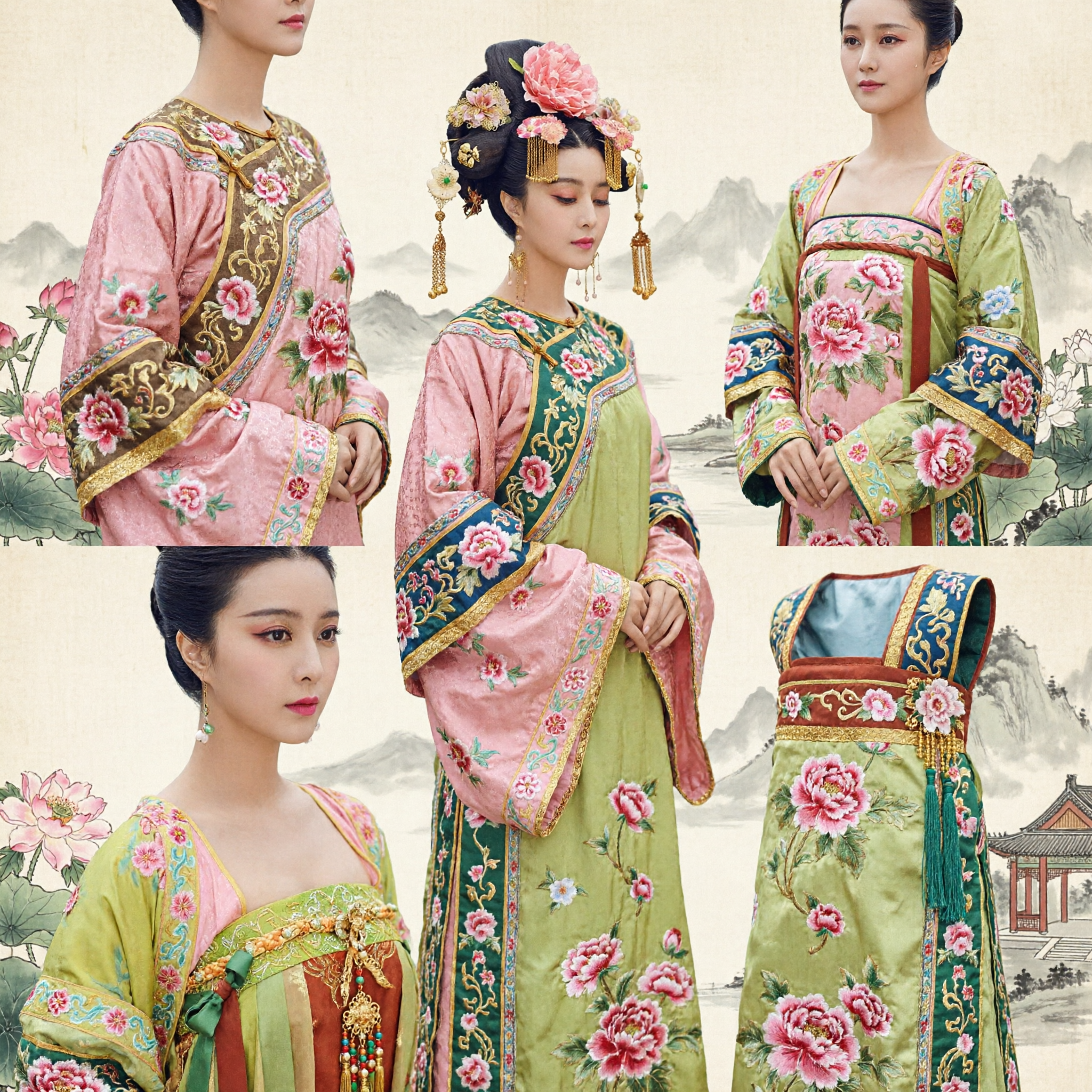 Juego de Peluca de Emperatriz de la Dinastía Tang China Tradicional con Flores de Peonía Rosadas y Borlas Doradas para Cosplay Hanfu - Asian Costume