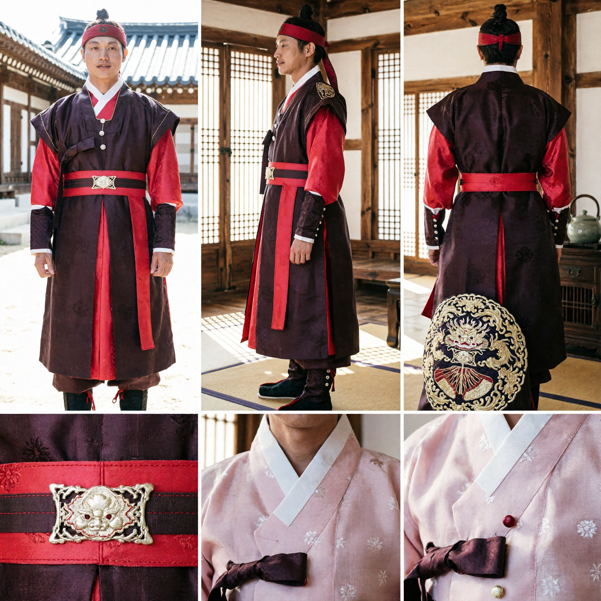 Traditioneller koreanischer Hanbok-Kostüm für Männer, rot-braunes Adels-Outfit für Hochzeit oder Auftritt - Asian Costume