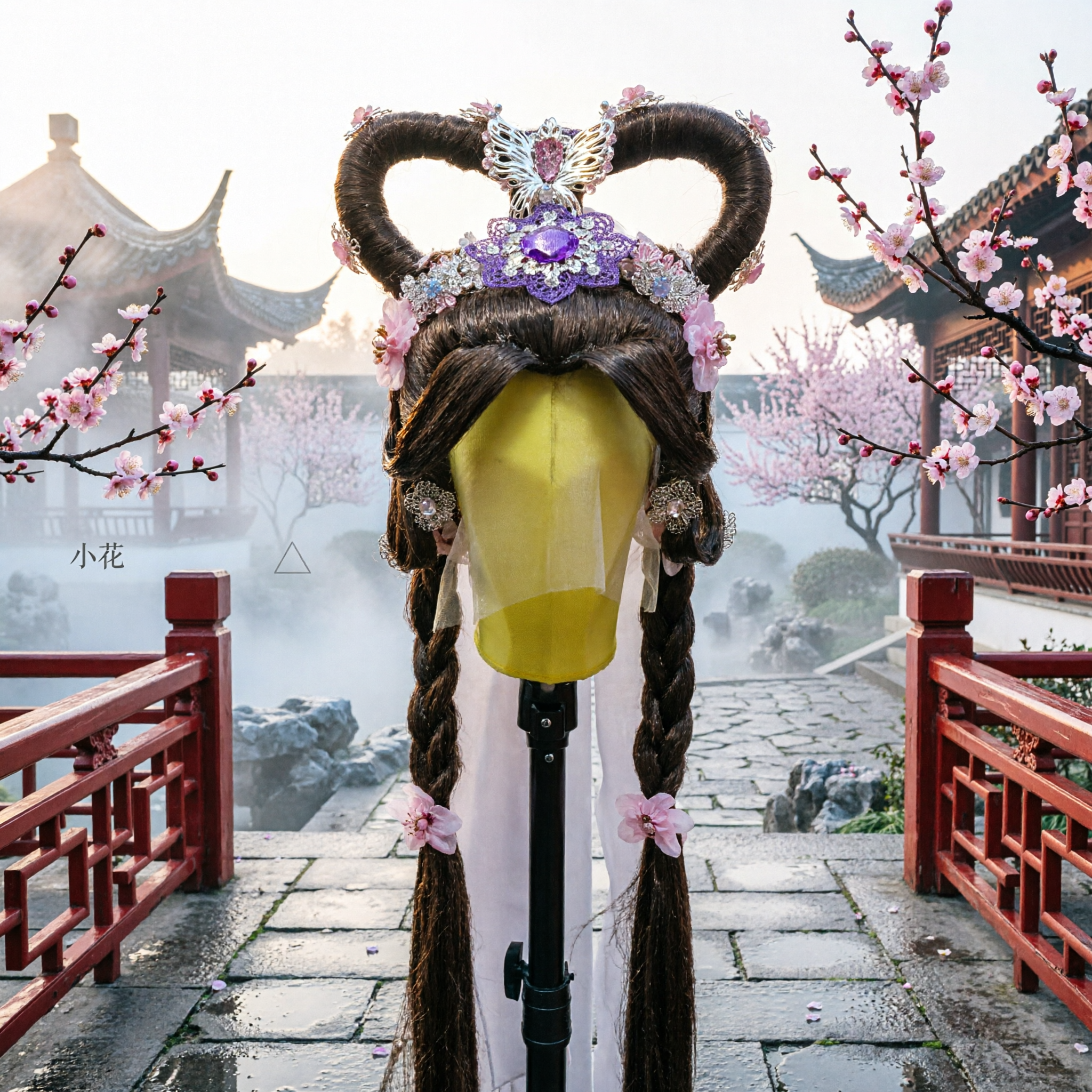 Peluca de Princesa Antigua China Tradicional con Tocado de Mariposa Púrpura y Trenzas Largas para Cosplay de Hanfu para Mujeres - Asian Costume