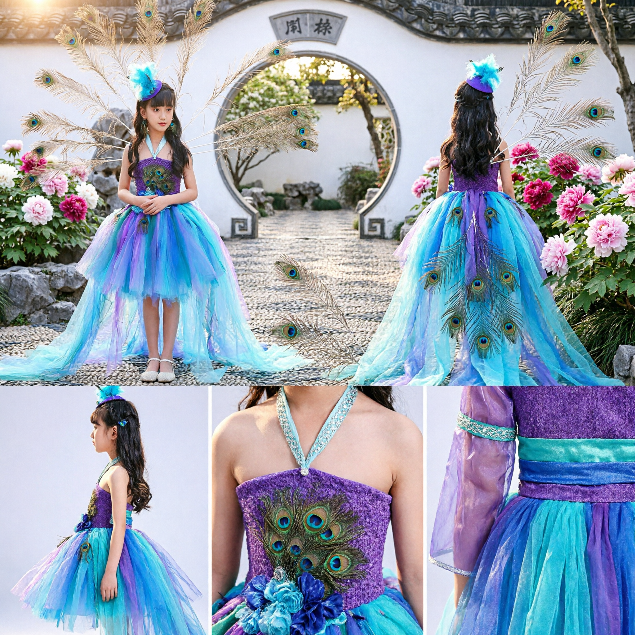 Traje de Danza del Pavo Real para Niñas Vestido Tradicional de la Etnia Dai para Presentación en Escenario con Plumas y Tocado - Asian Costume