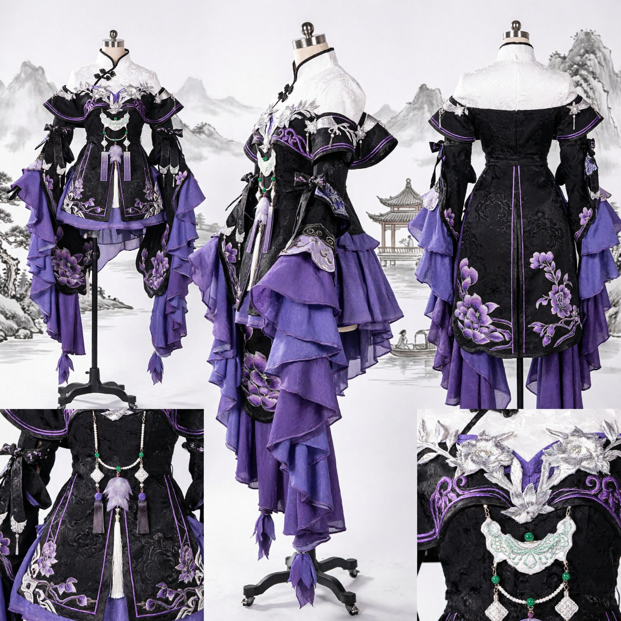 Ancient Chinese Traditional Hanfu Costume Purple Black Embroidery Wuxia Swordswoman Outfit for Women Cosplay Stage Performance - Asian Costume