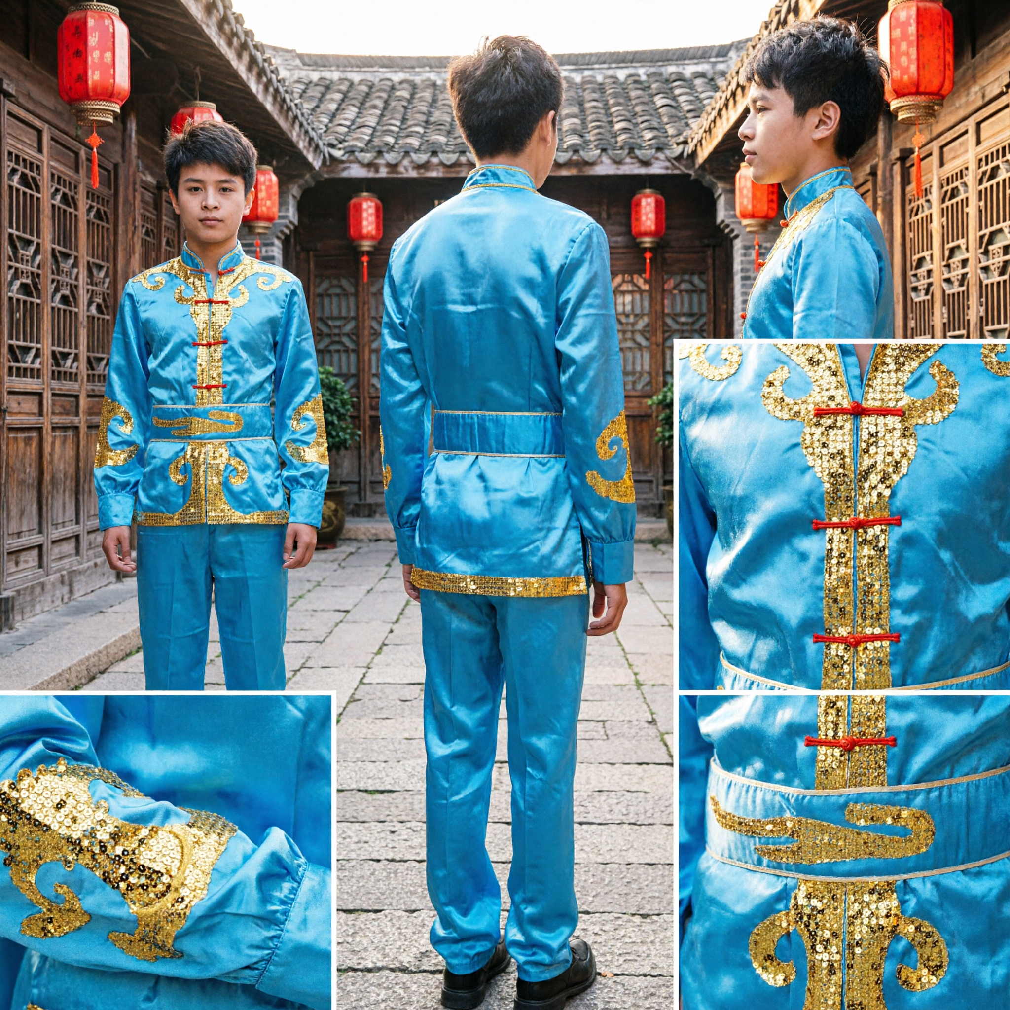 Uniforme de Kung Fu de Cetim Azul Tradicional Chinês para Homens Bordado Dourado Tang Suit para Performance - Asian Costume