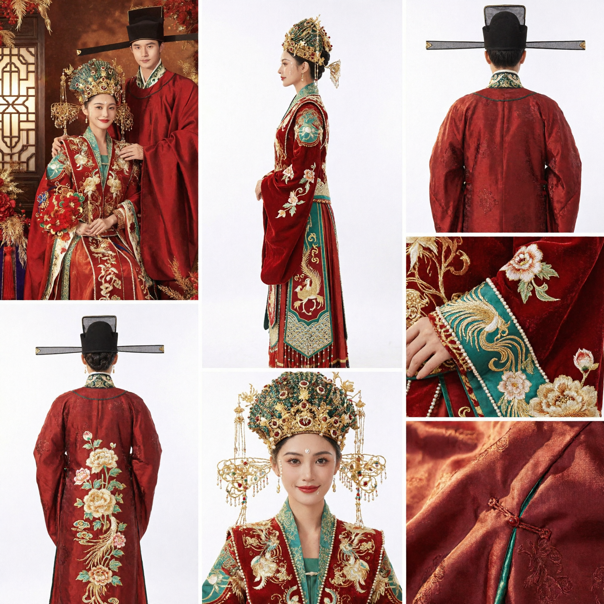 Conjunto de Traje de Casamento Hanfu Tradicional Chinês para Noiva e Noivo Robe Vermelho da Dinastia Ming e Coroa de Fênix - Asian Costume