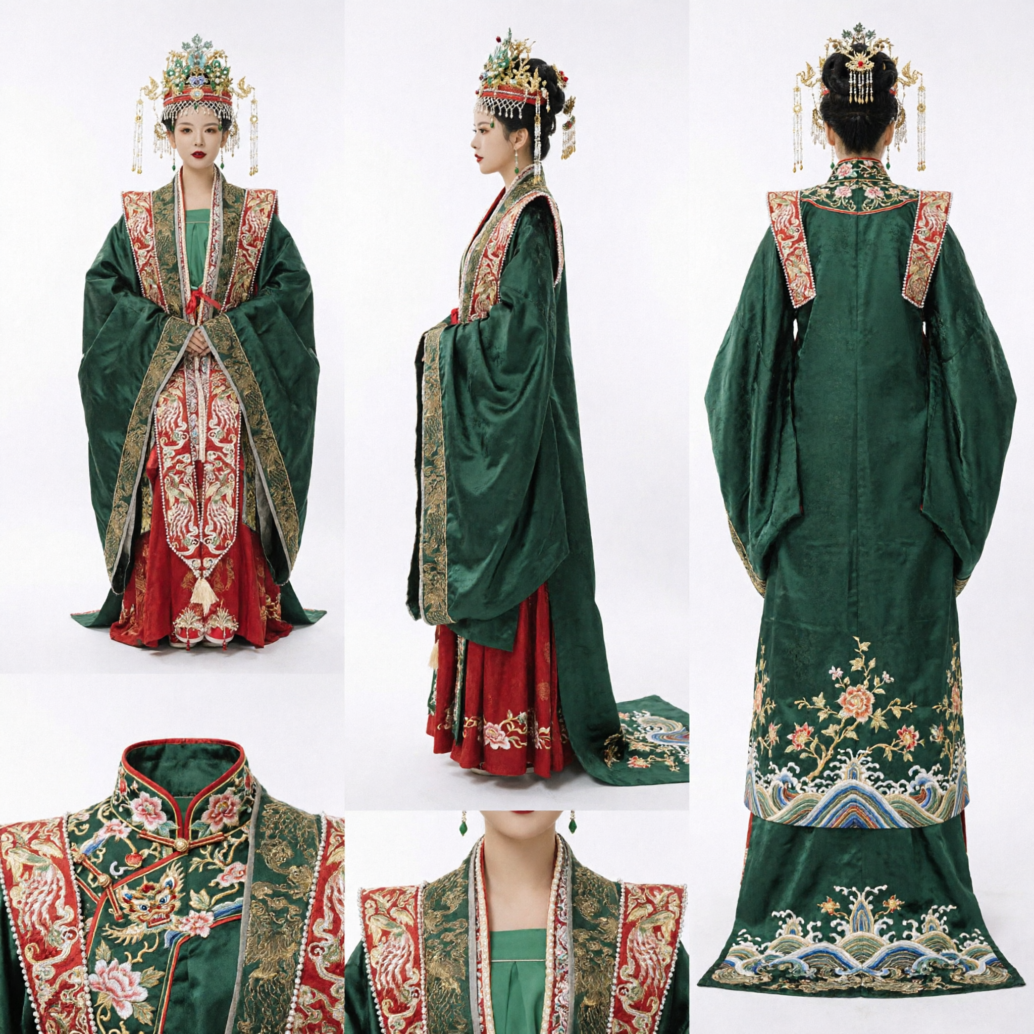 Traje de Casamento Hanfu da Dinastia Ming Tradicional Chinês Robe Verde e Saia Vermelha com Coroa de Fênix para Noiva - Asian Costume
