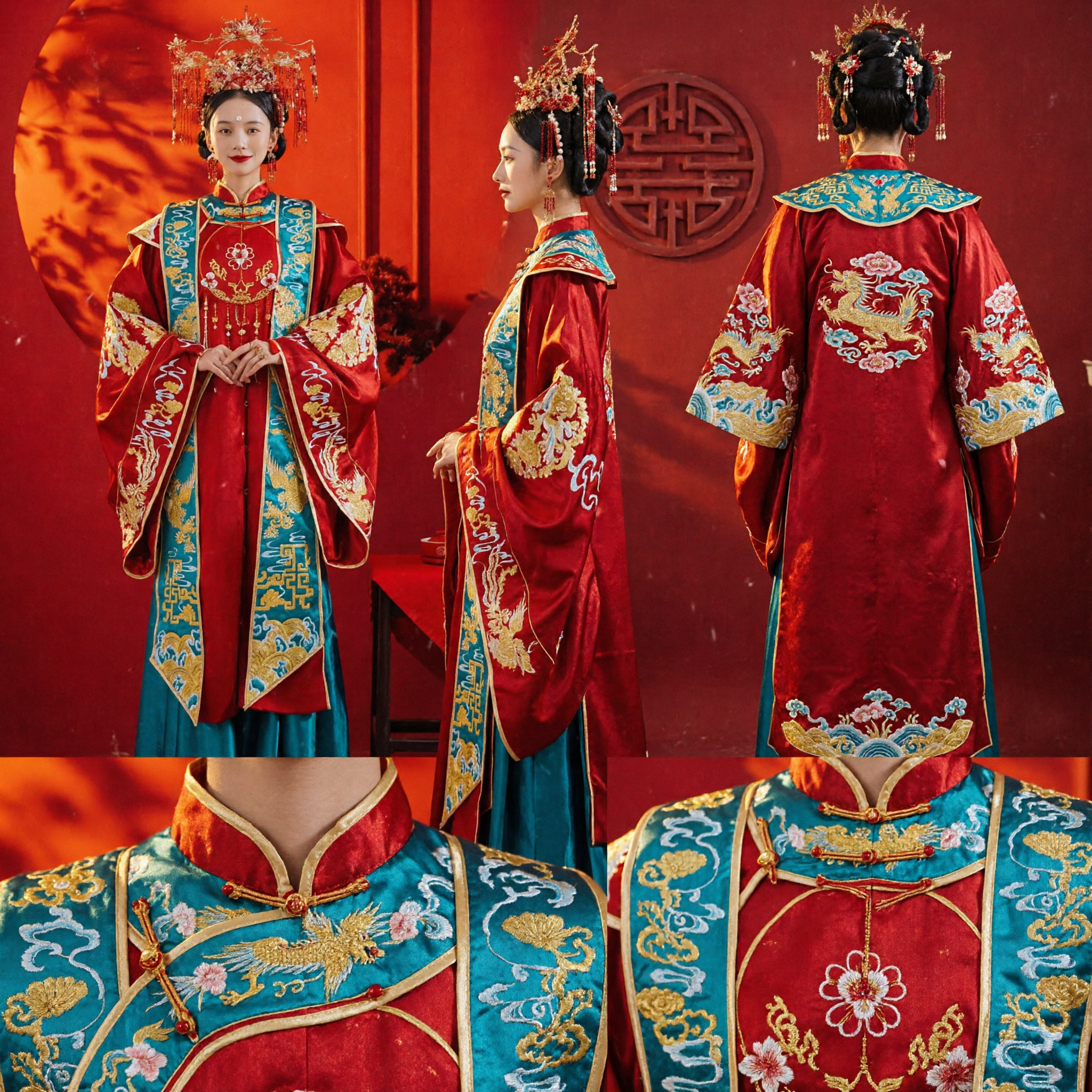 Traditional Chinese Xiuhe Wedding Dress Ancient Bride Costume Red Embroidered Robe with Phoenix Crown Set - Asian Costume