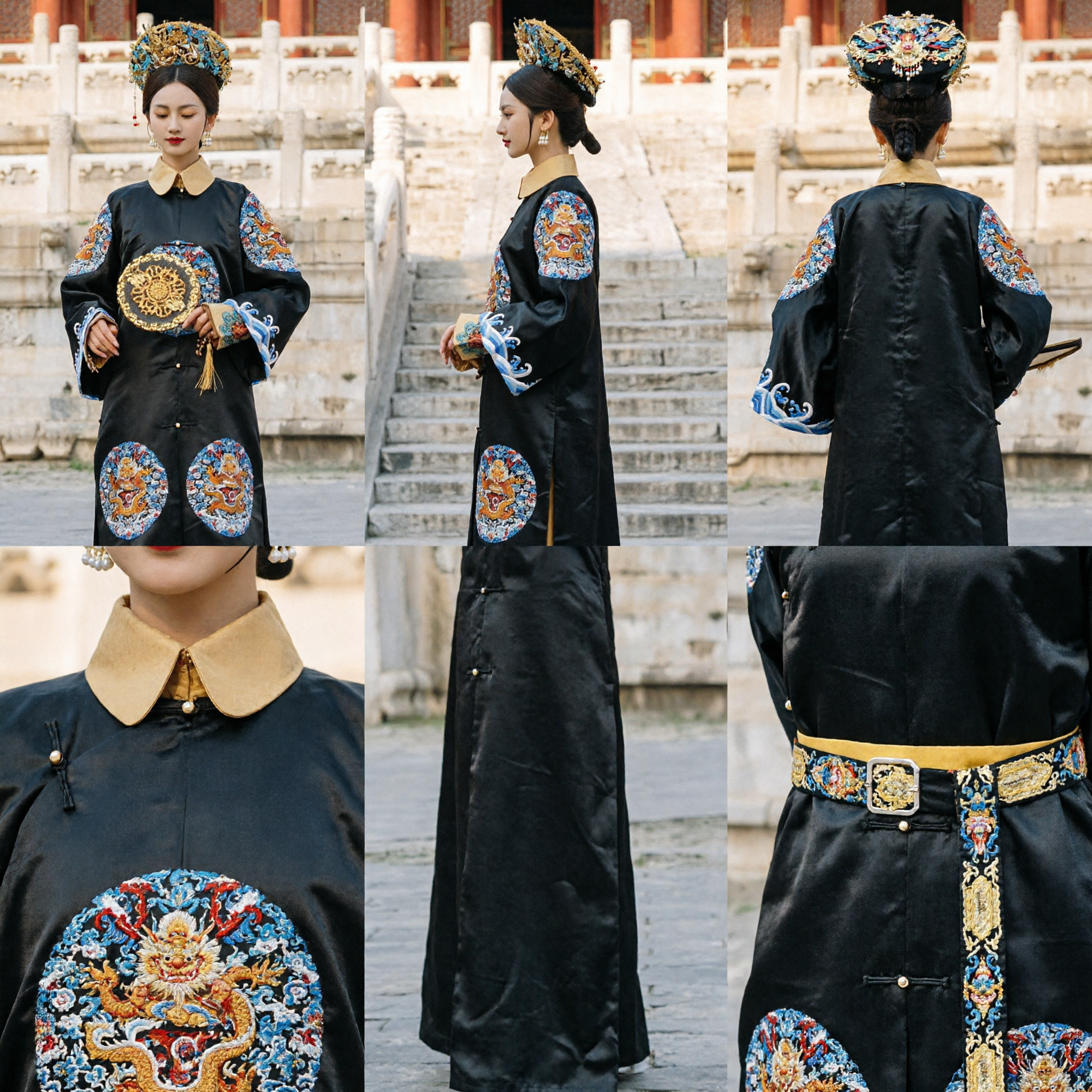 Traje Tradicional da Princesa Manchu da Dinastia Qing Chinesa Robe Preto Bordado Vestido Antigo de Dama do Palácio para Mulheres - Asian Costume