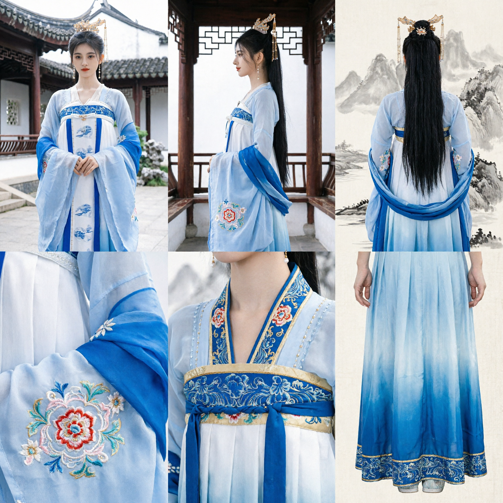 Elegancka niebiesko-biała chińska suknia Hanfu, starożytny kostium w stylu dynastii Tang, suknia wróżki dla kobiet do cosplayu - Asian Costume