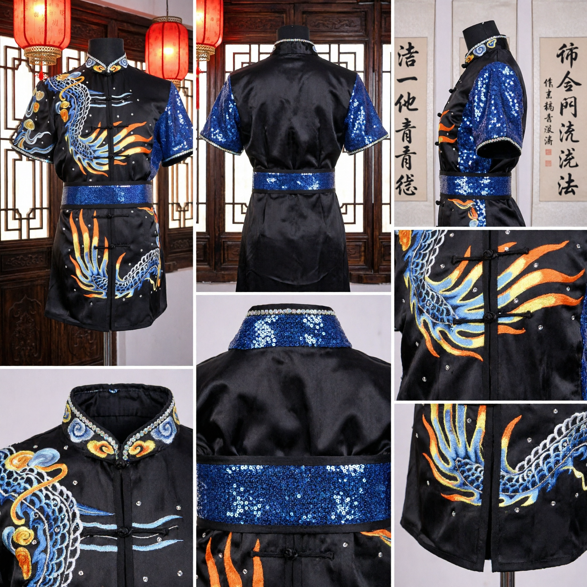 Uniforme Tradizionale Cinese Kung Fu con Ricamo del Drago, Costume per Esibizioni Wushu Arti Marziali su Palco per Uomini - Asian Costume