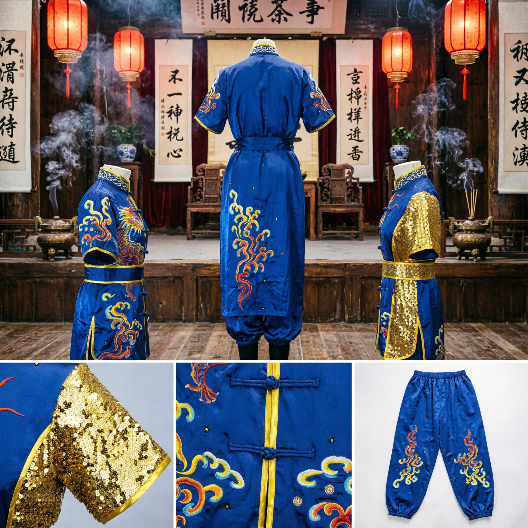 Traditional Chinese Kung Fu Uniform Blue Dragon Embroidery Gold Sequin Martial Arts Performance Costume for Men - Asian Costume