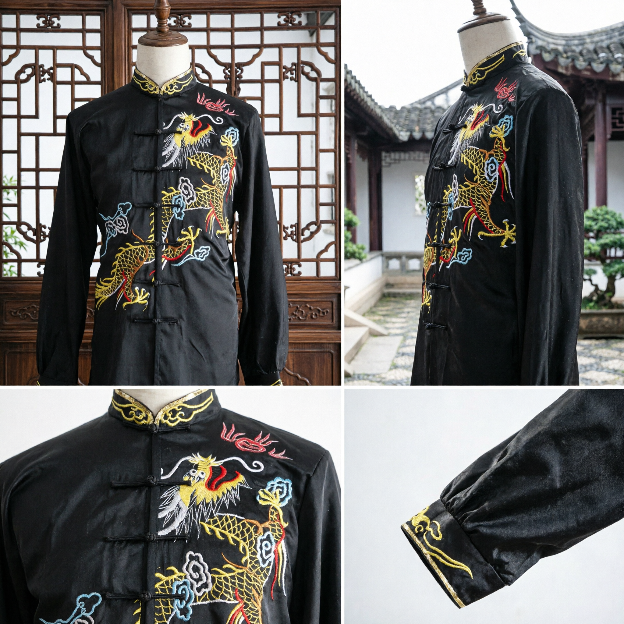Uniforme de Kung Fu de Cetim Preto para Homens com Bordado de Dragão Dourado Traje Tradicional Chinês Tang Suit para Prática de Tai Chi - Asian Costume